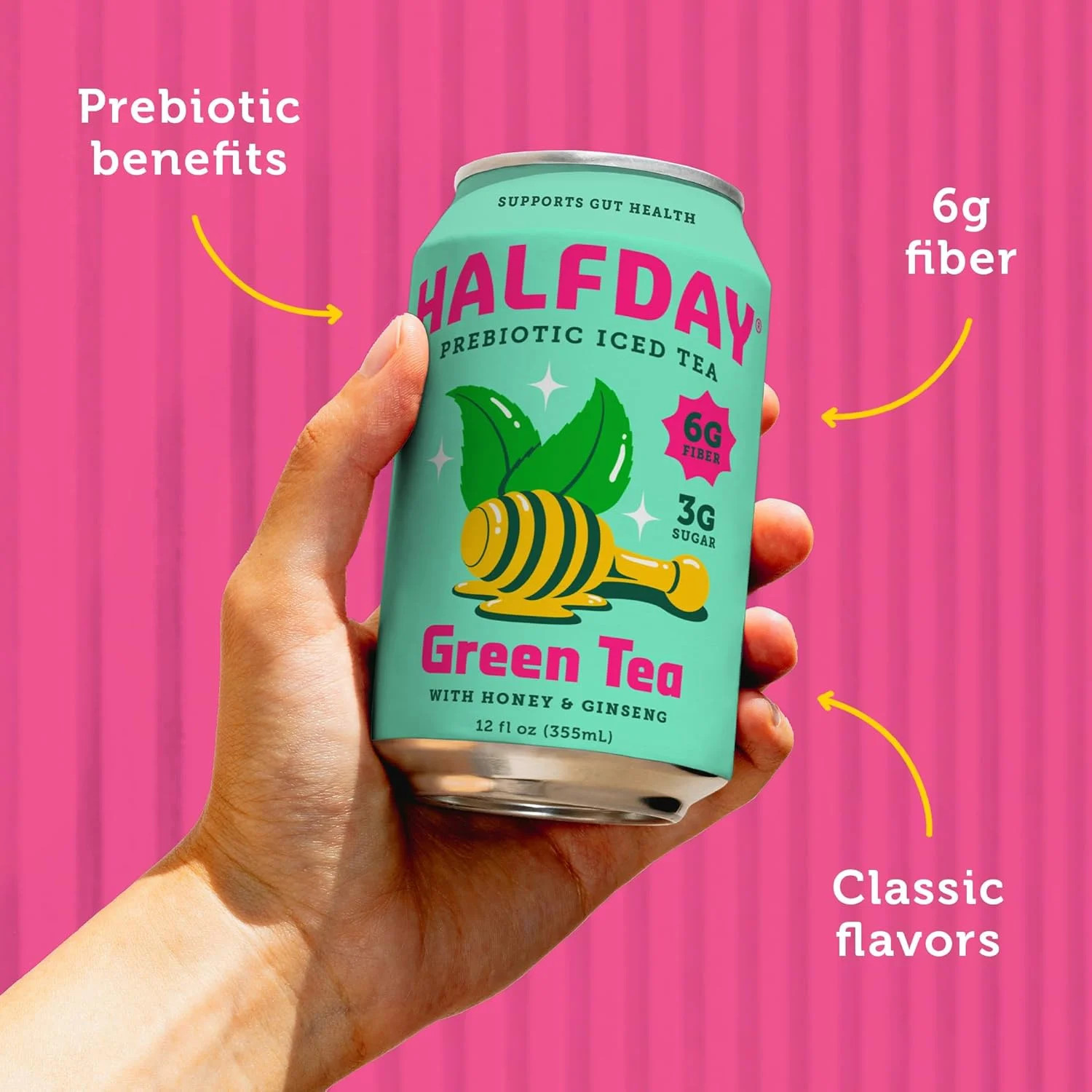 Halfday Prebiotic Green Tea, Honey Ginseng, 6G Fiber, 3G Sugar, 30 Cal, 12 Oz, 4