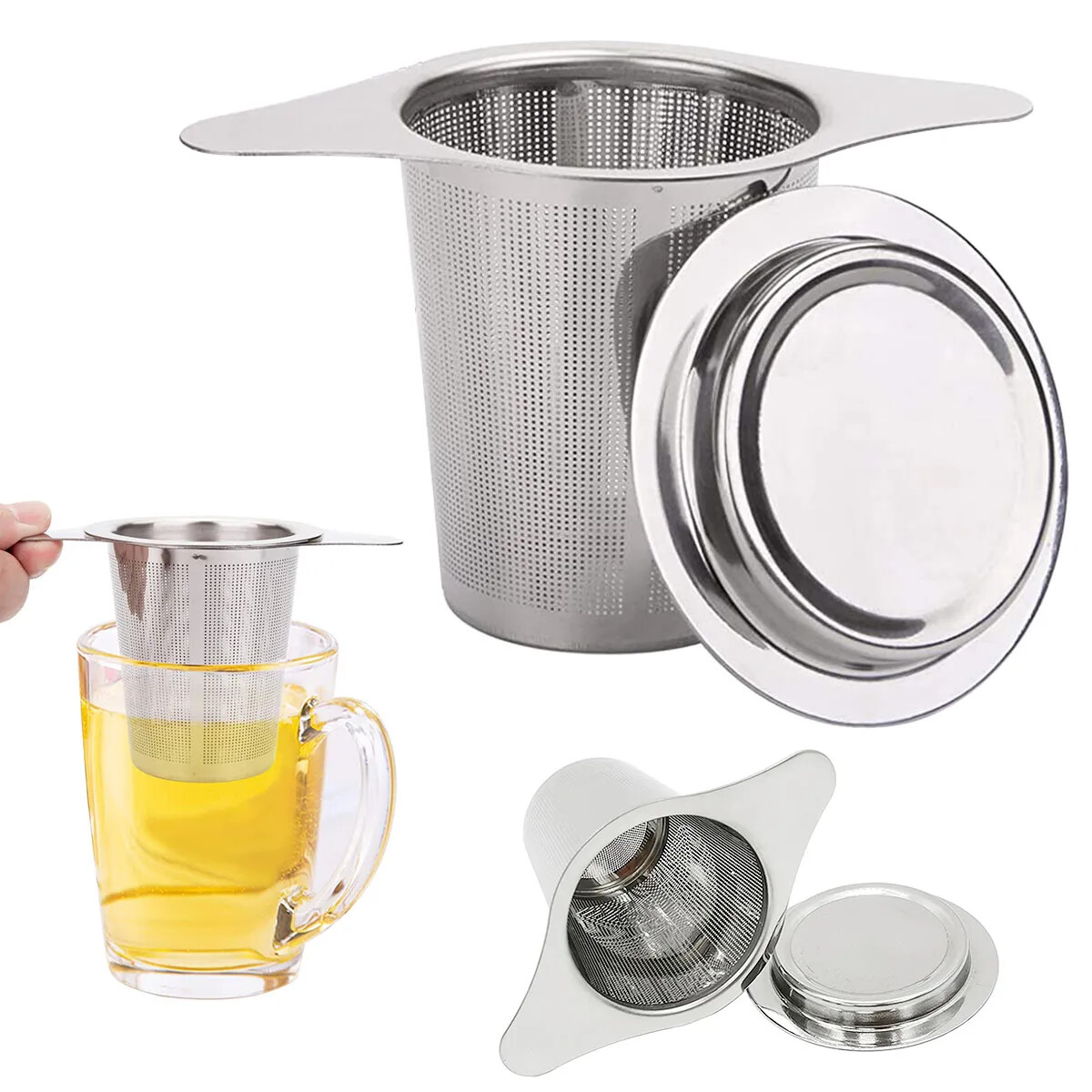 Tea Infuser Mesh Loose Leaf Herb Strainer Handle Stainless Steel Filter W/Lid