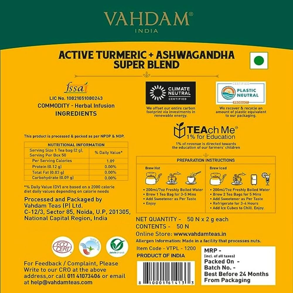 VAHDAM Organic Turmeric Tea with Ashwagandha Herbal Tea Weight Loss 50 Tea Bags