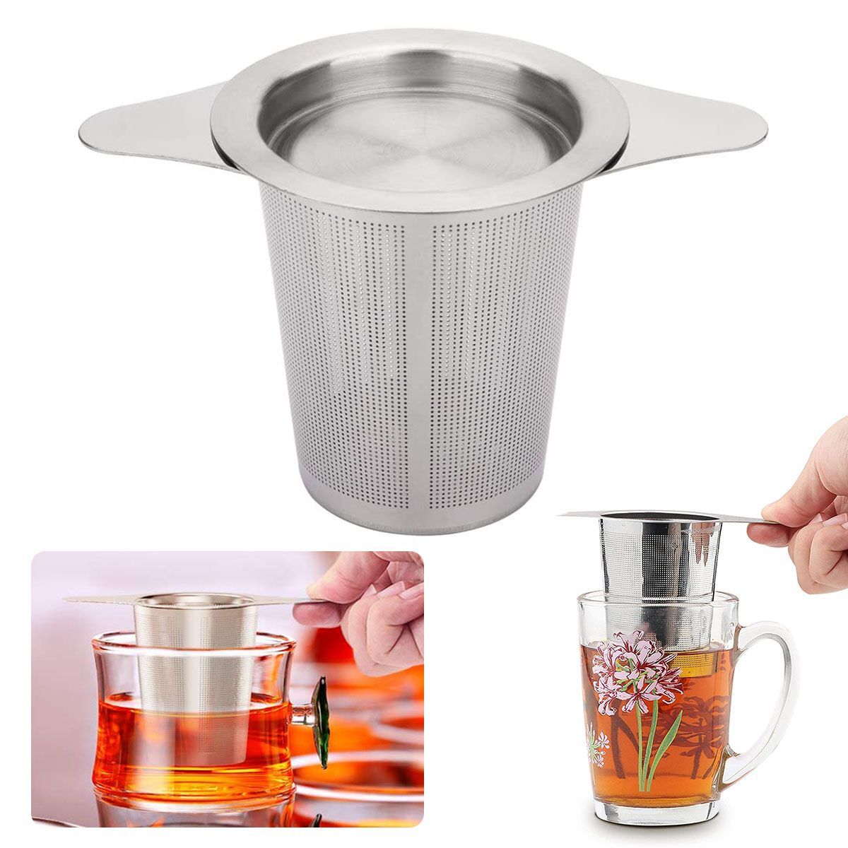 Tea Infuser Mesh Loose Leaf Herb Strainer Handle Stainless Steel Filter W/Lid