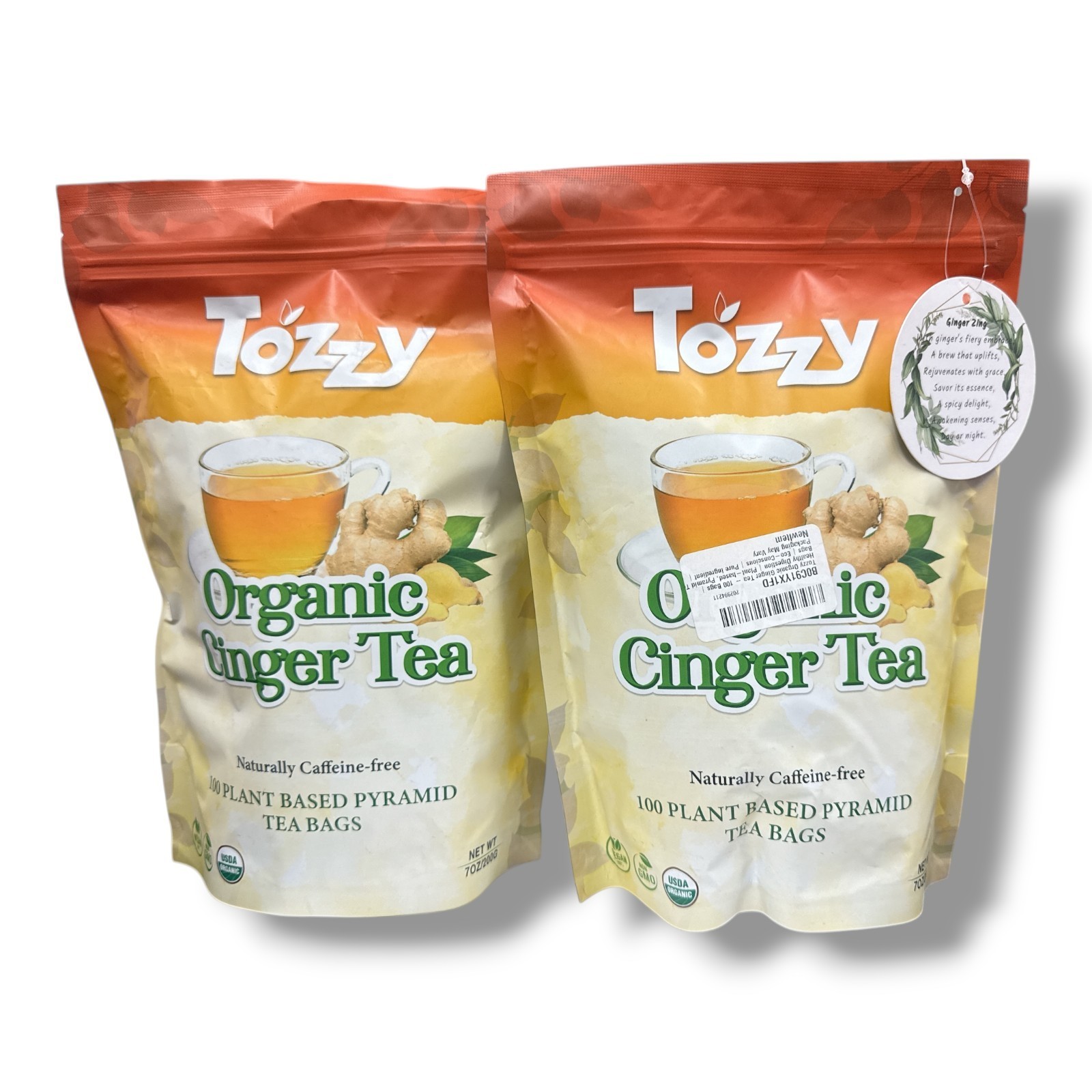 *Tozzy Organic Ginger Tea -100 Plant Based Pyramid Tea Bags- LOT OF 2