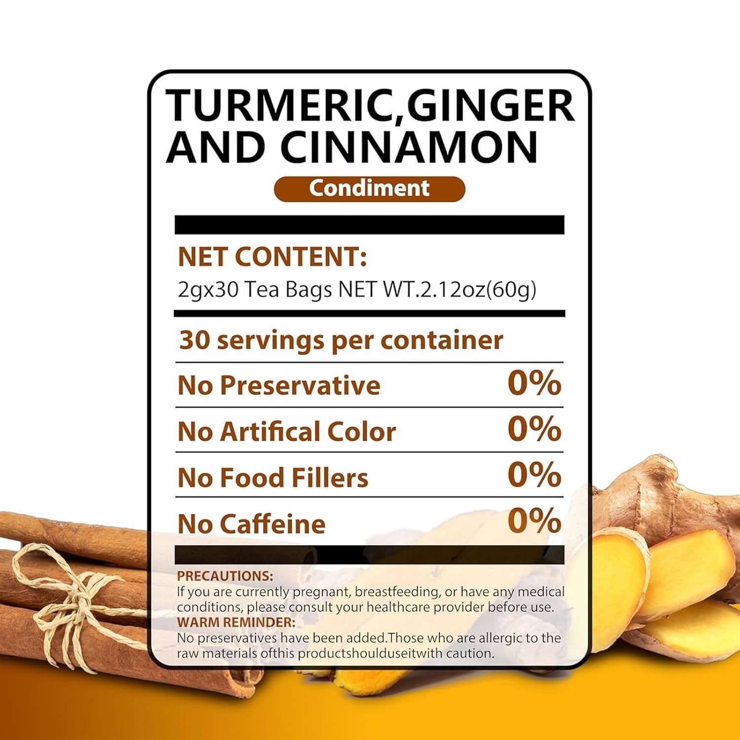 30 Premium Turmeric Ginger Cinnamon Tea Bags, 100% Natural Ingredients Herbal Te