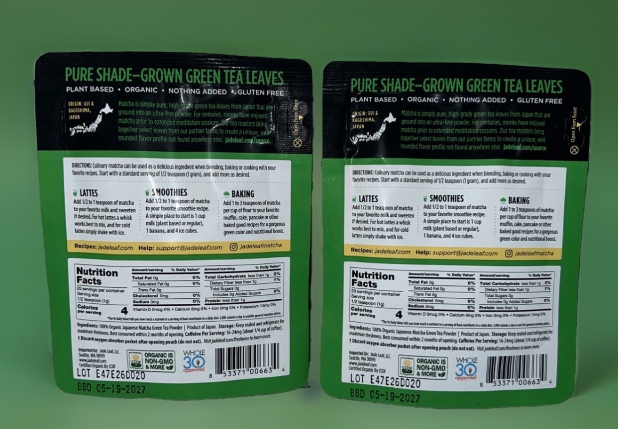 2 Pack Jade Leaf Organic Japanese Culinary Matcha Powdered Green Tea 2 X 20g