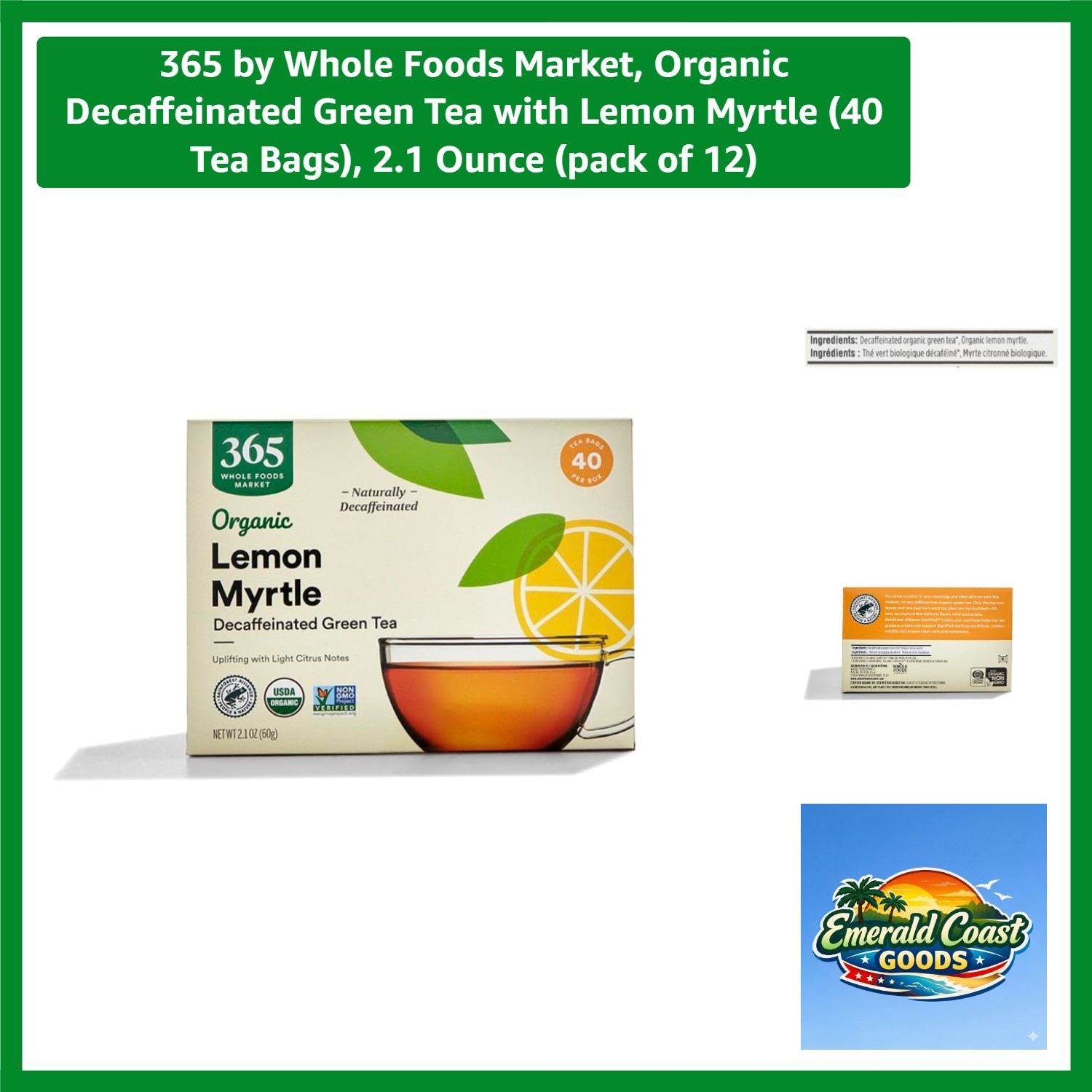 Kosher Certified Organic Decaf Green Tea with Lemon Myrtle – 2.1 Oz Convenience