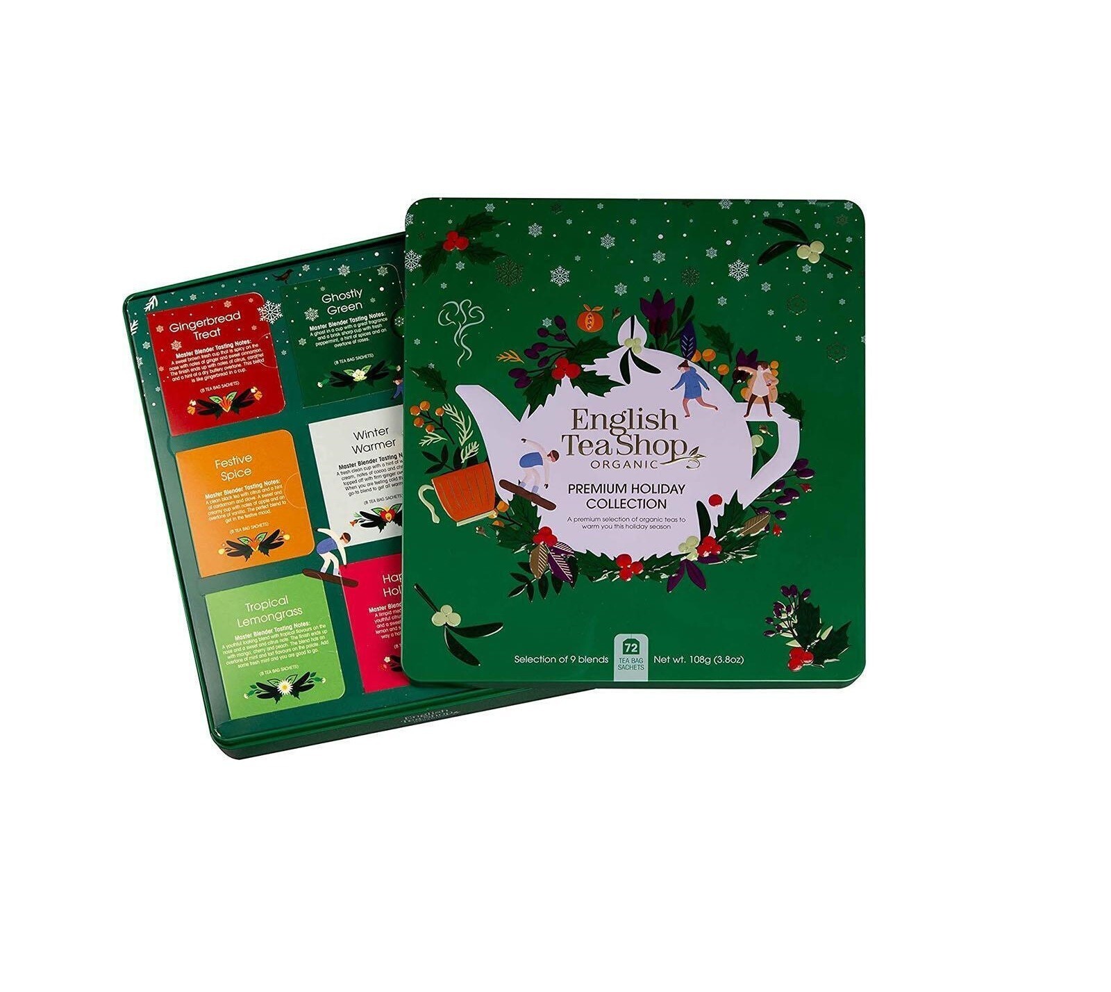 English Tea Shop Green Tin 72 Tea Bags Sachets 9 Organic Blends Premium Gift