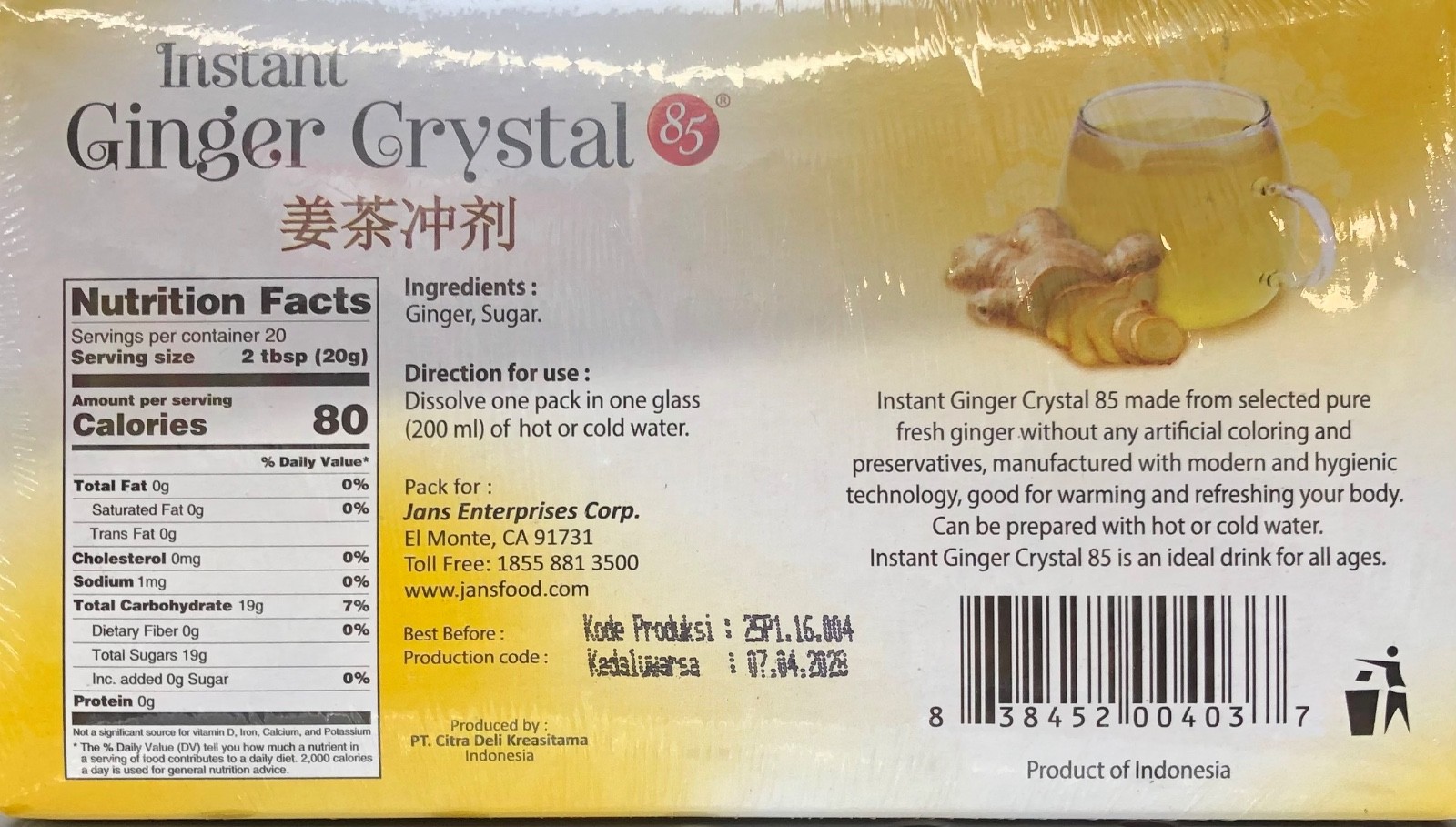 Instant Ginger Honey Crystals Tea 10 Individual Sachets Cold Cough Relief Remedy