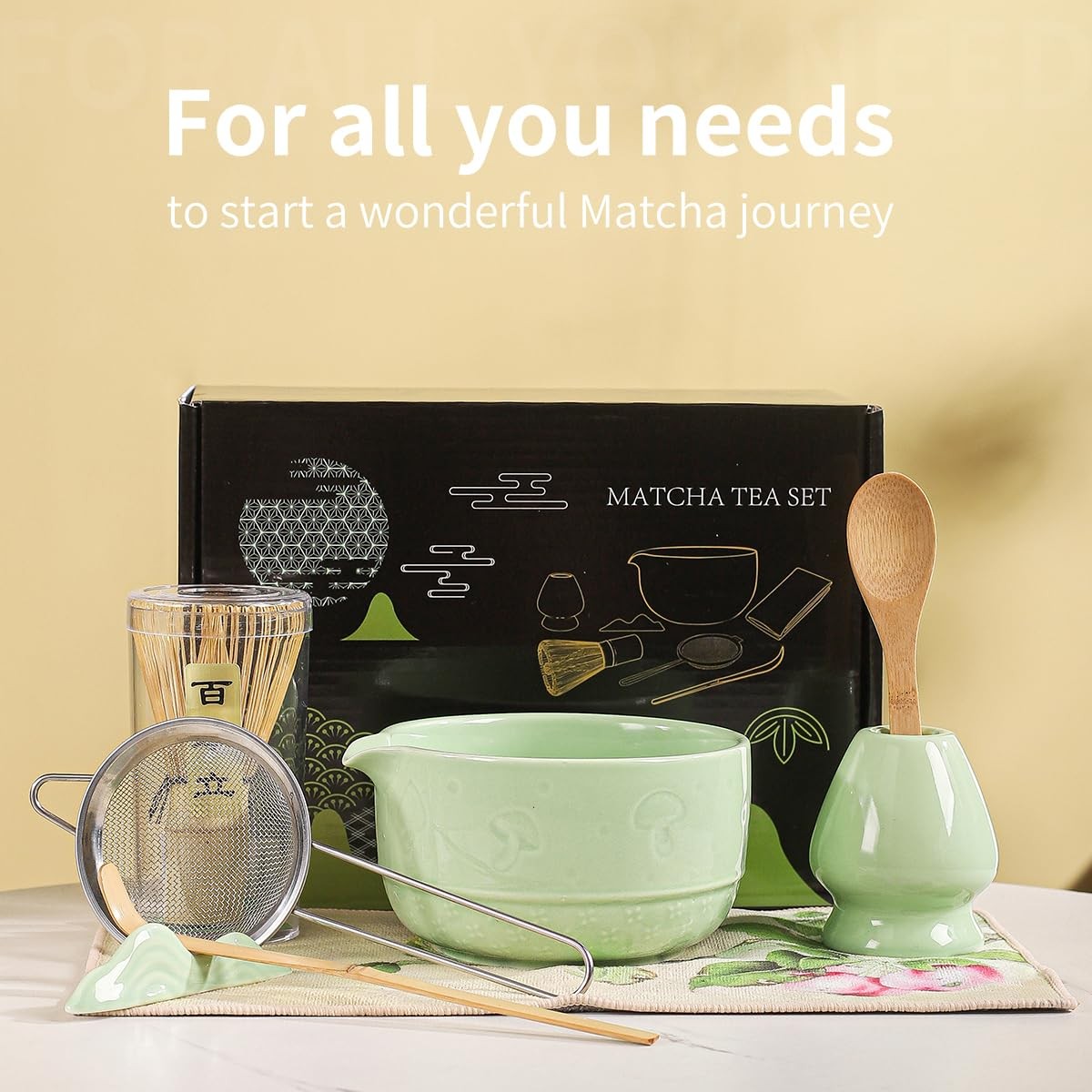 Matcha Set, 8-Piece Ceramic Matcha Bowl & Whisk Kit with Mushroom Pattern, Tr…