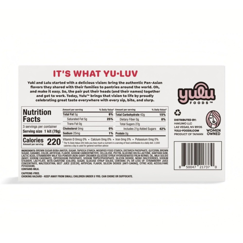 Yulu Instant Boba Strawberry Milk Tea, Bubble Tea Kit, 3 Drinks