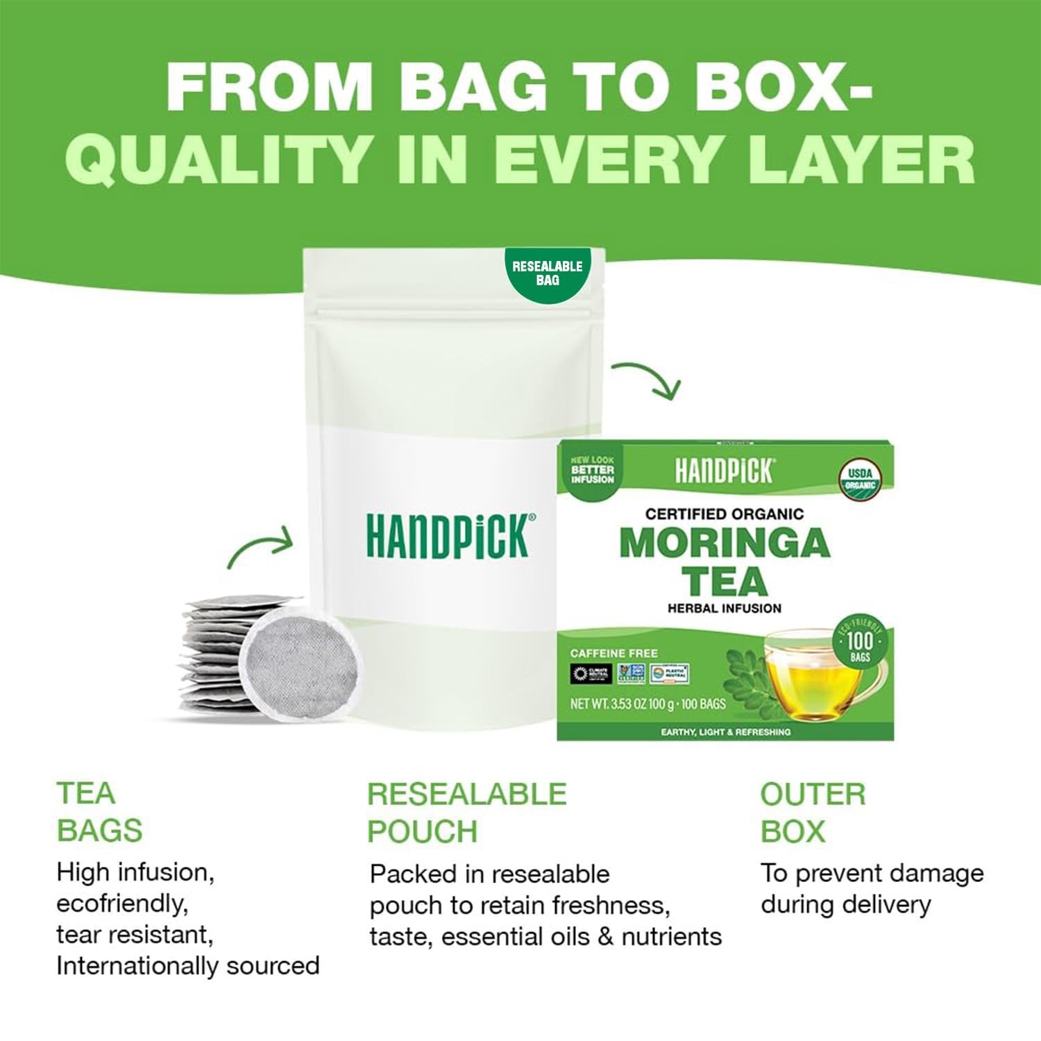 HANDPICK, Organic Moringa Tea Bags (100 Count), Pure Moringa Leaves | Authentic