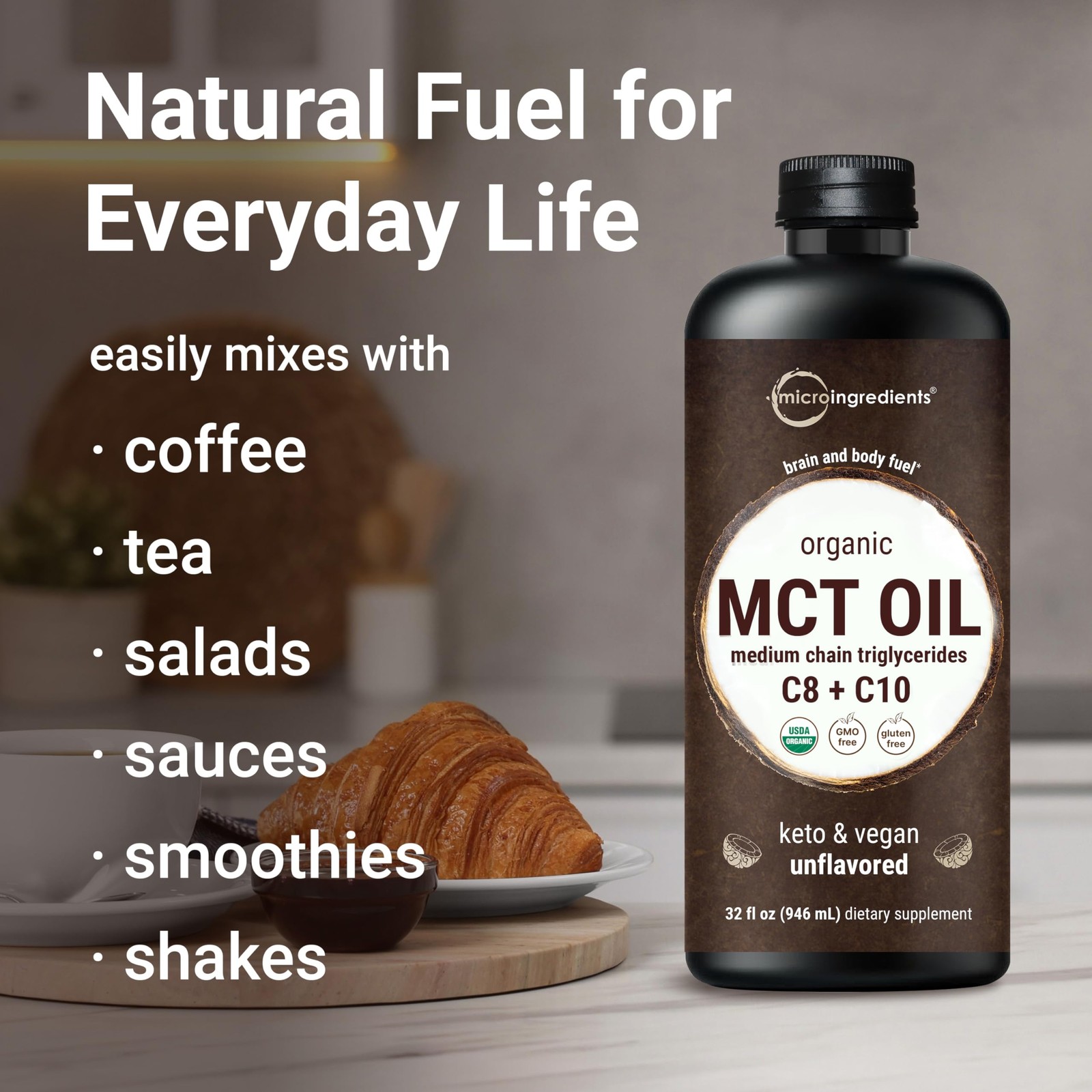 MCT Oil Organic, 32 fl oz |100% Virgin Coconut with C8 + 32 Fl Oz (Pack of 1)