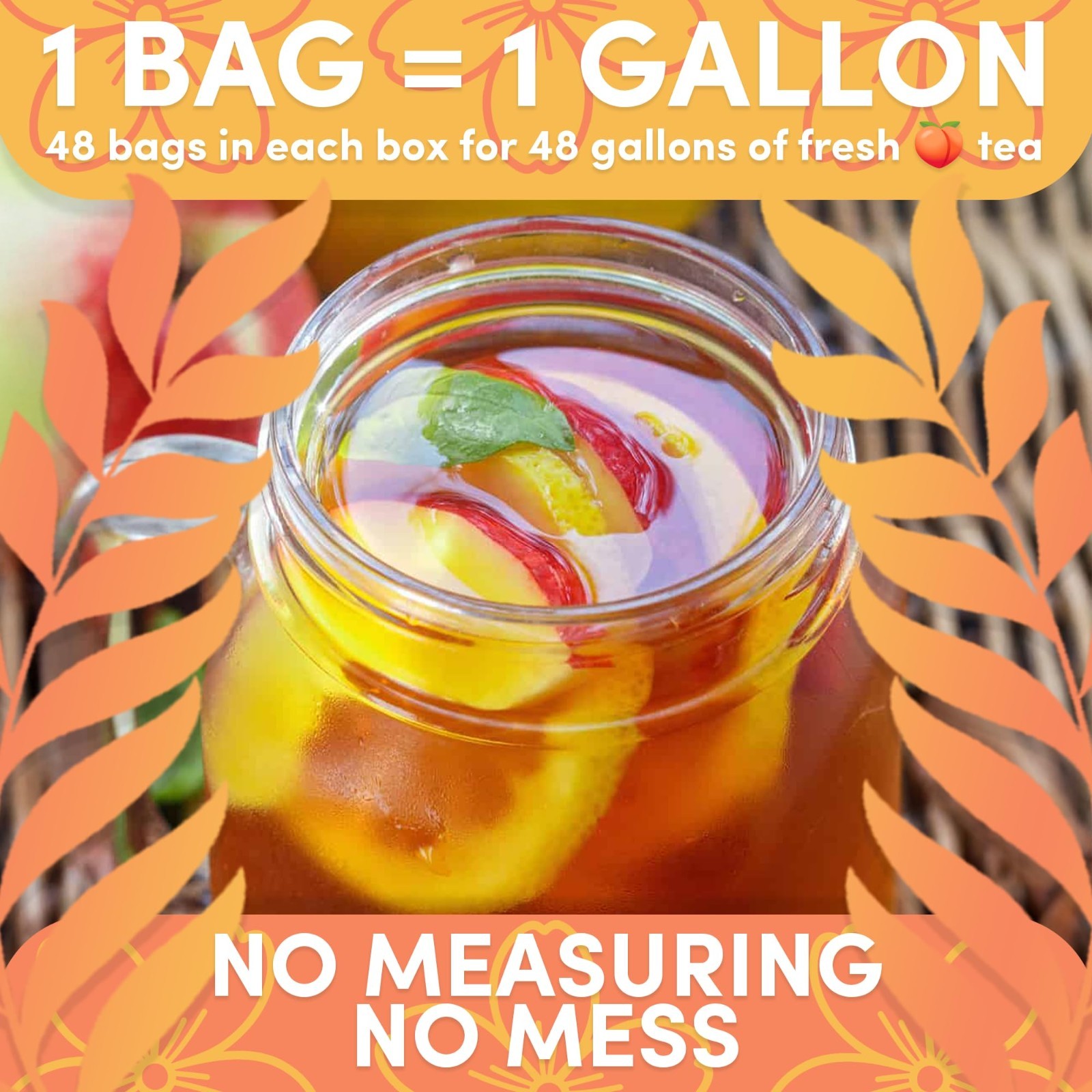 Peach Flavored Iced Tea Bags – Quick Brew Southern Style, 48 Gallons, 1 oz Packs