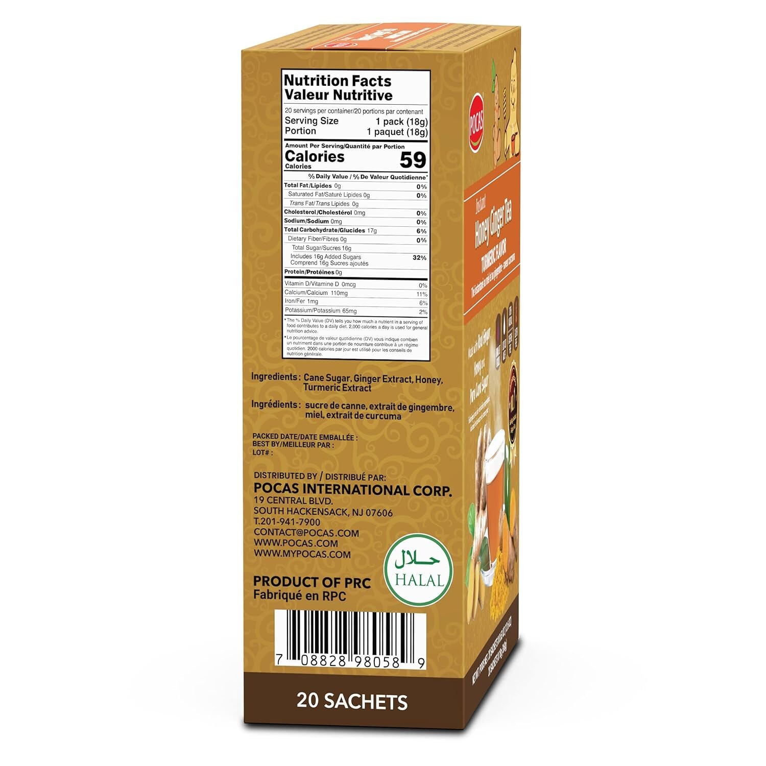 Pocas Honey Ginger Tea Turmeric Instant Non GMO Gluten Caffeine Free 20 Ct 2 Box