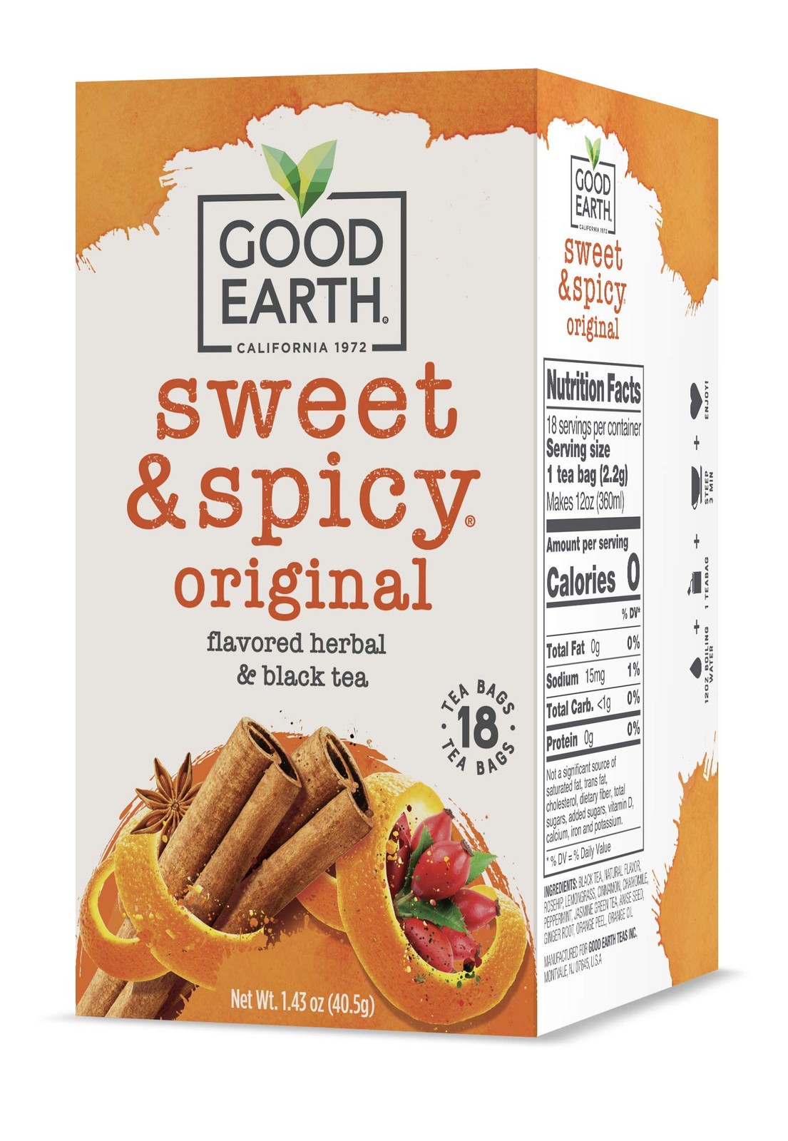 Good Earth Herbal Black Tea Cinnamon Orange 18 Count Gluten Free Kosher