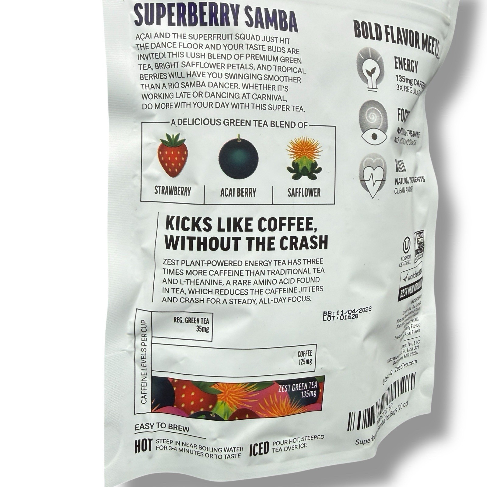 Zest Energy Superberry Samba Green Tea 20 Bags 135mg Caffeine Keto Friendly