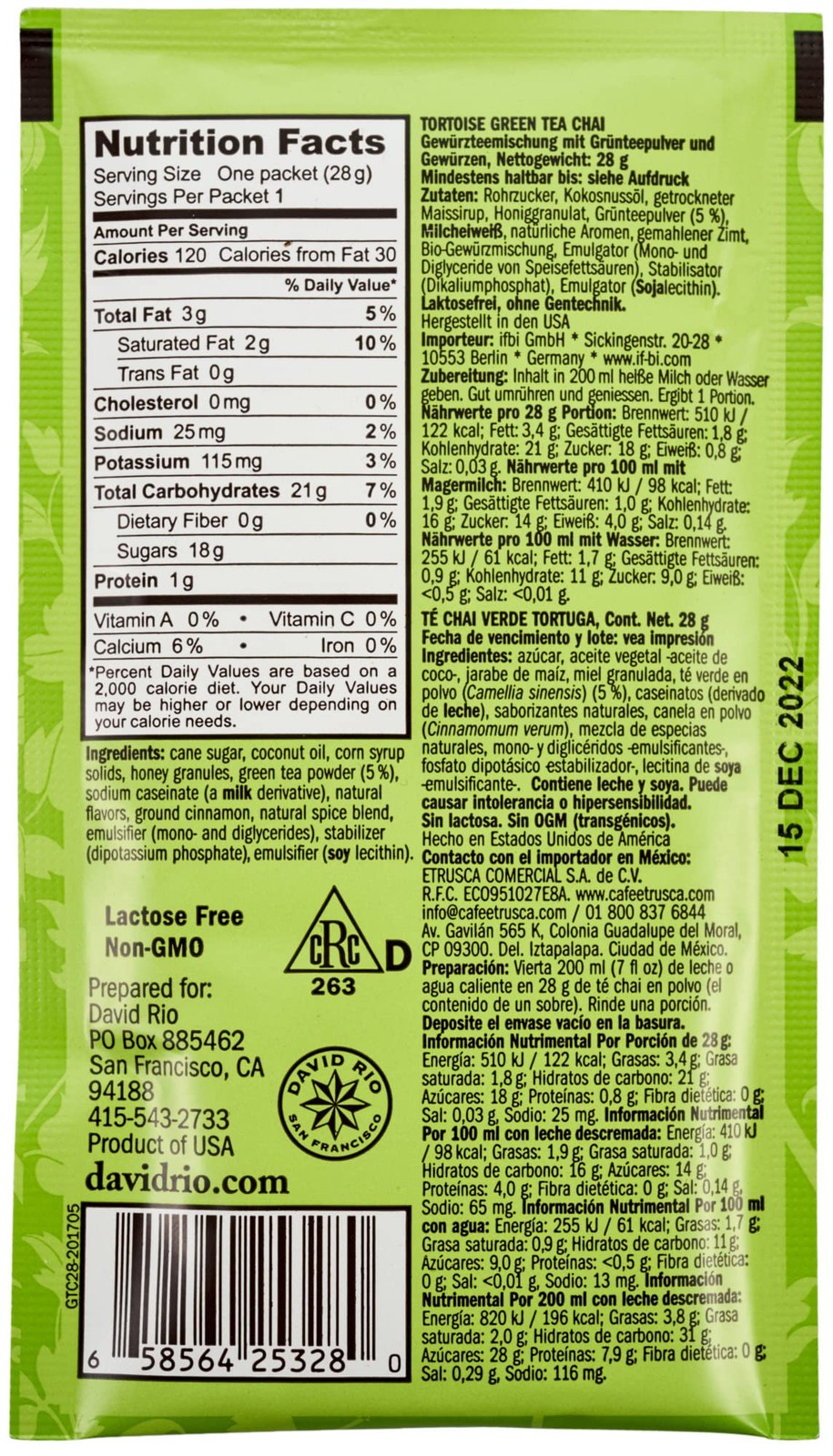 David Rio Chai Tea Single Serve Packets, Tortoise Green, 1.23 Ounce Pack of 48