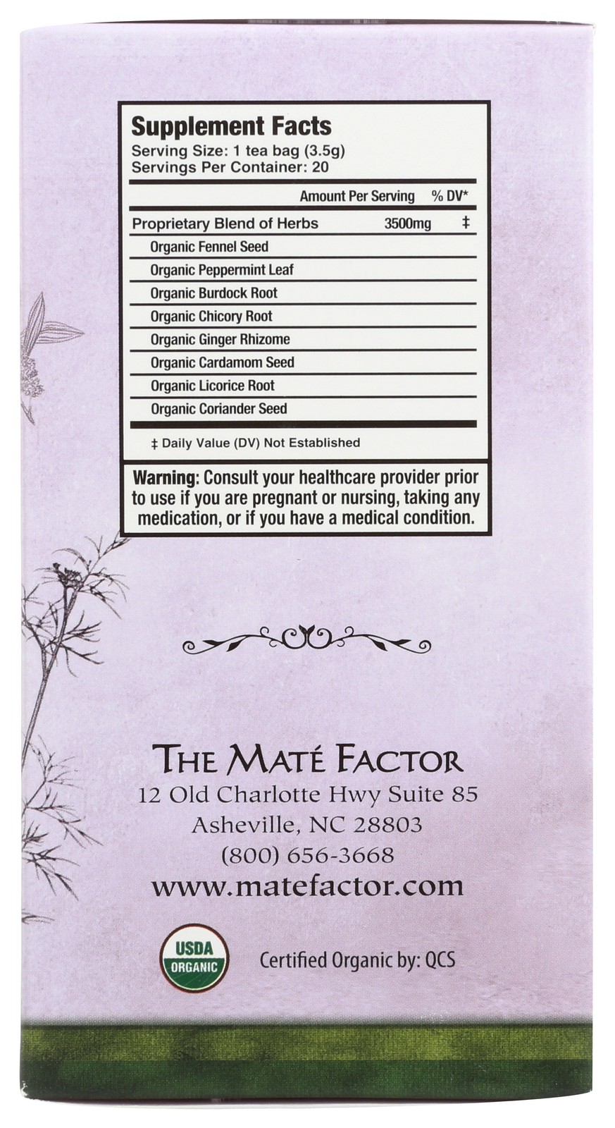 Mate Factor Digestive Tea Bags With Prebiotics 20 Count 3 Pack
