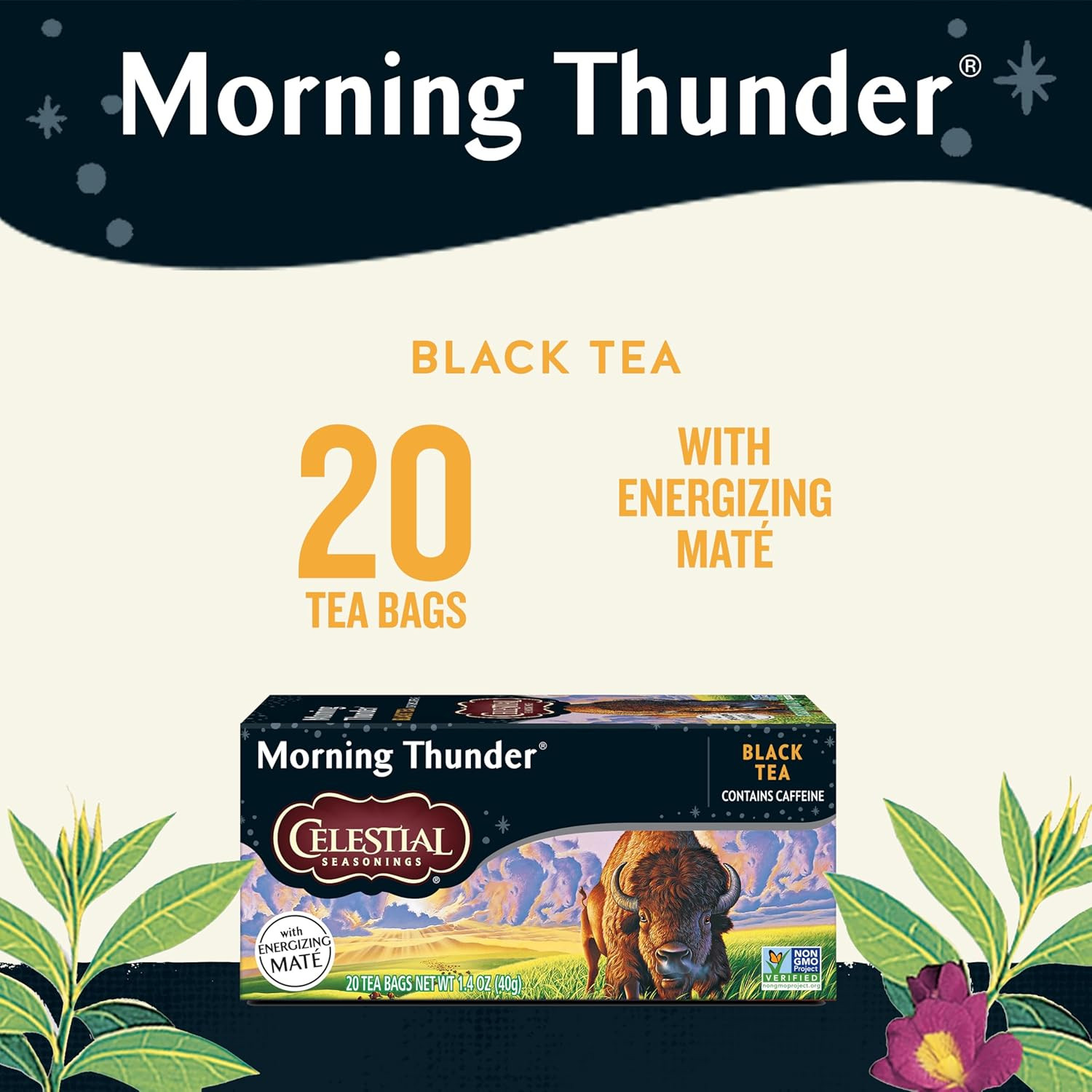 Morning Thunder Black Tea, Caffeinated, 20 Tea Bags Box (Pack of 6)