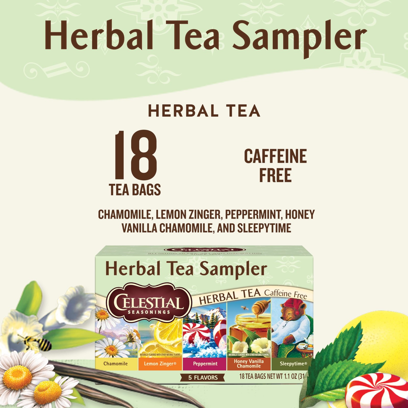 Herbal Tea Sampler Variety Pack, Caffeine Free, 18 Tea Bags Box