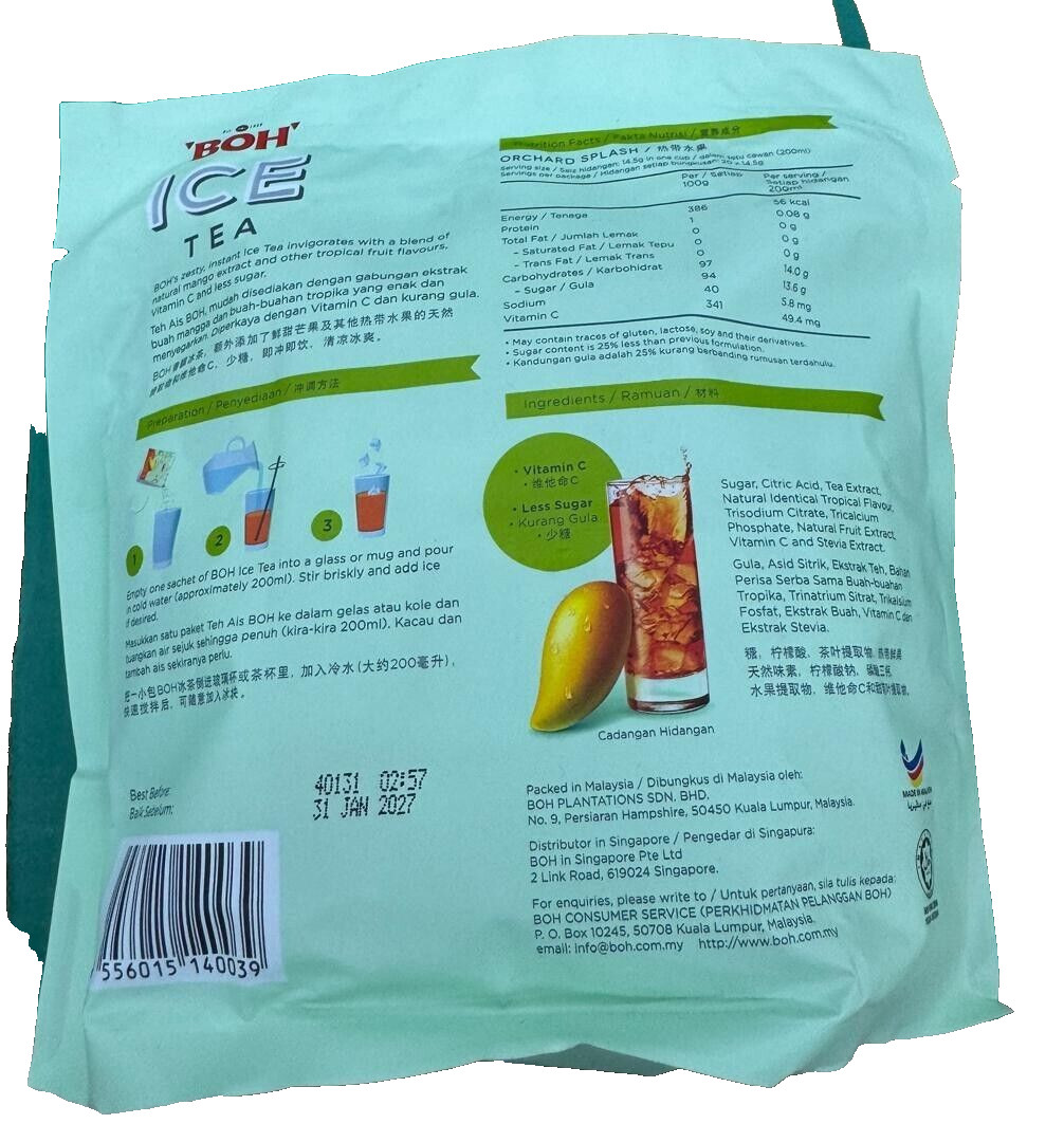 Boh Ice Tea Instant Mix Orchard Splash Vit C L/Sugar 20s x 14.5g – 1 Pack