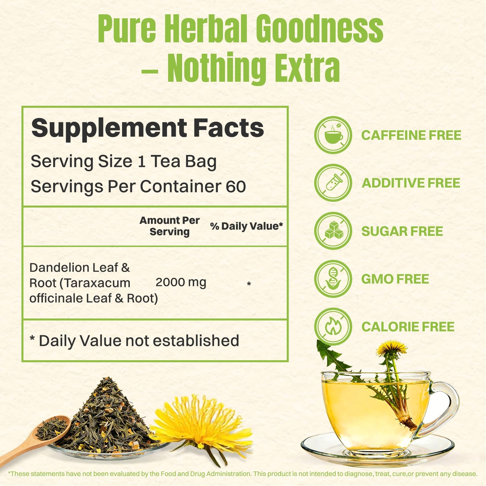 Hiihone Dandelion Root & Leaf Tea Bags 60 Count – Caffeine-Free Dandelion Herbal