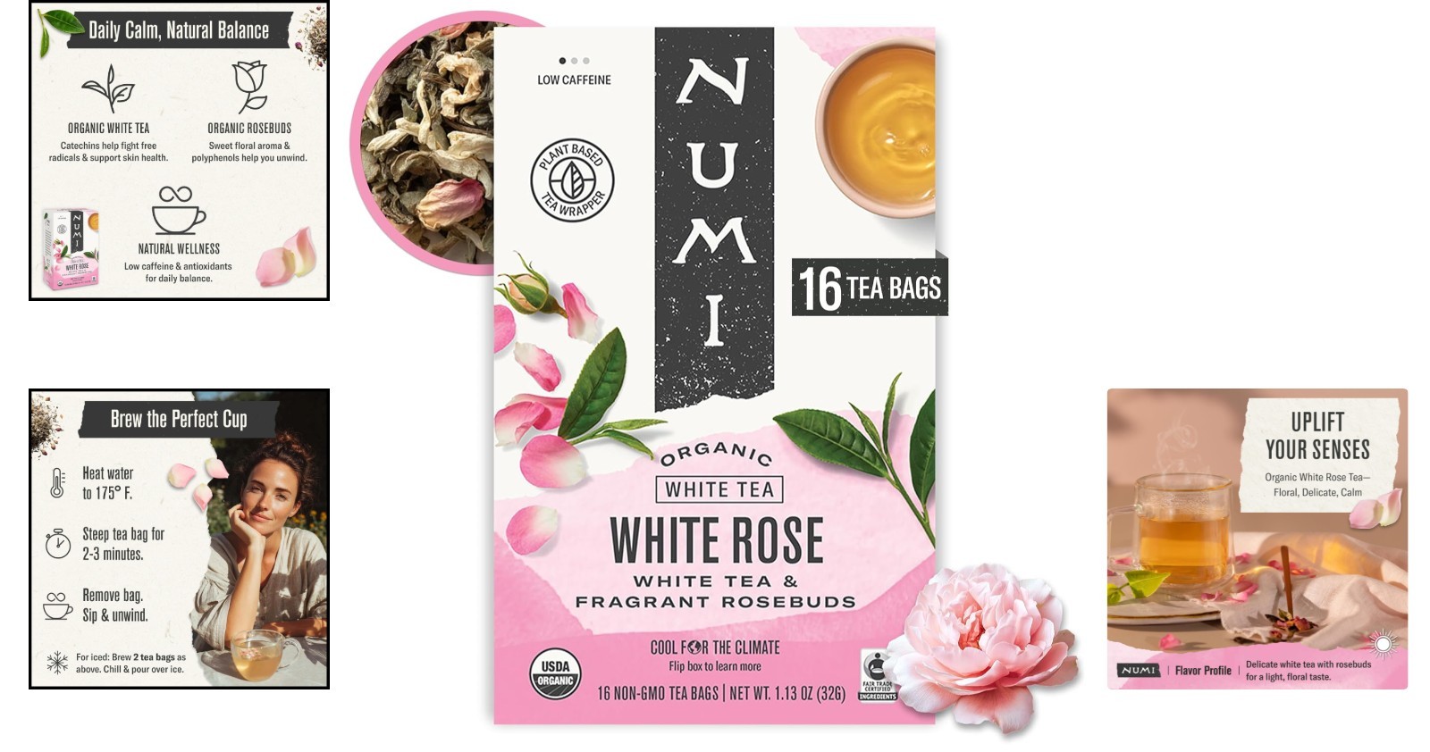 Exquisite 16 Tea Bags of Organic White Tea & Rosebuds – Allergen-Free