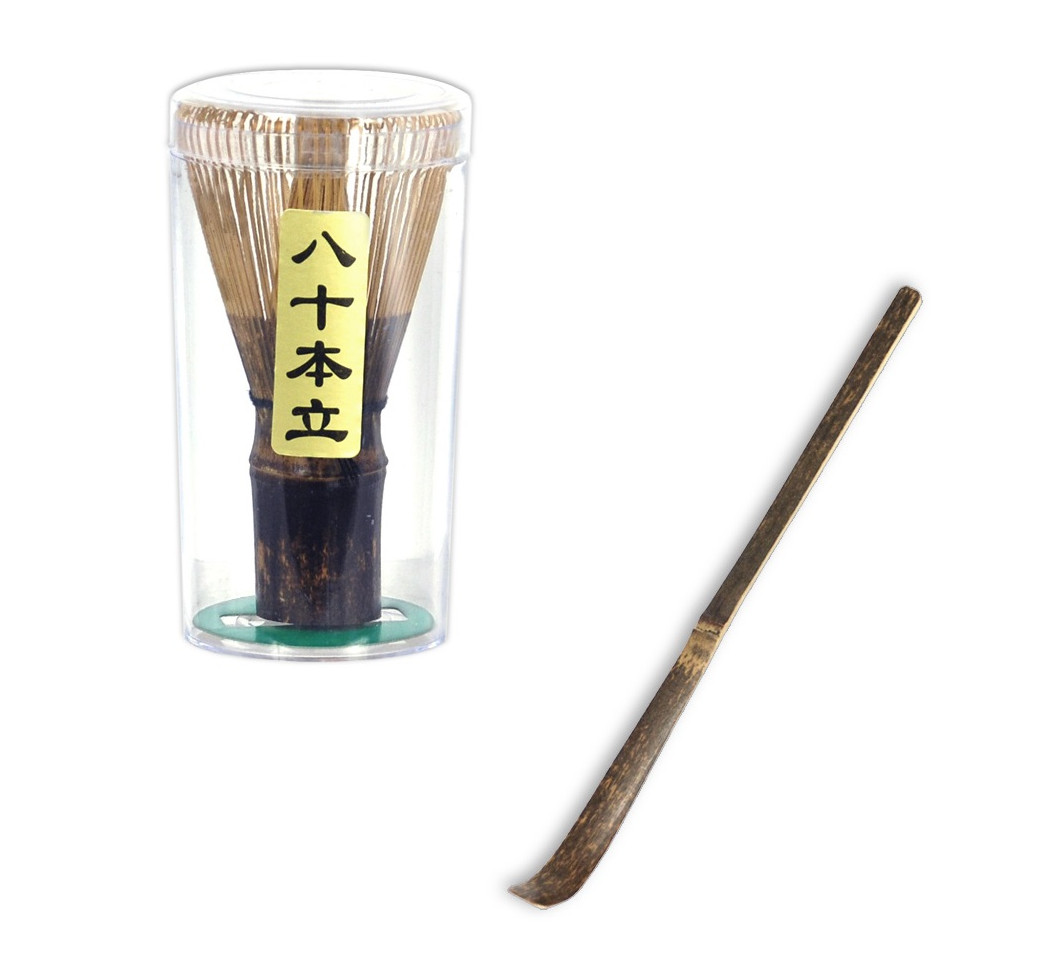 Tea Ceremony Utensil 80 Count Black Bamboo Whisk w/ Chashaku Scoop Matcha Tool