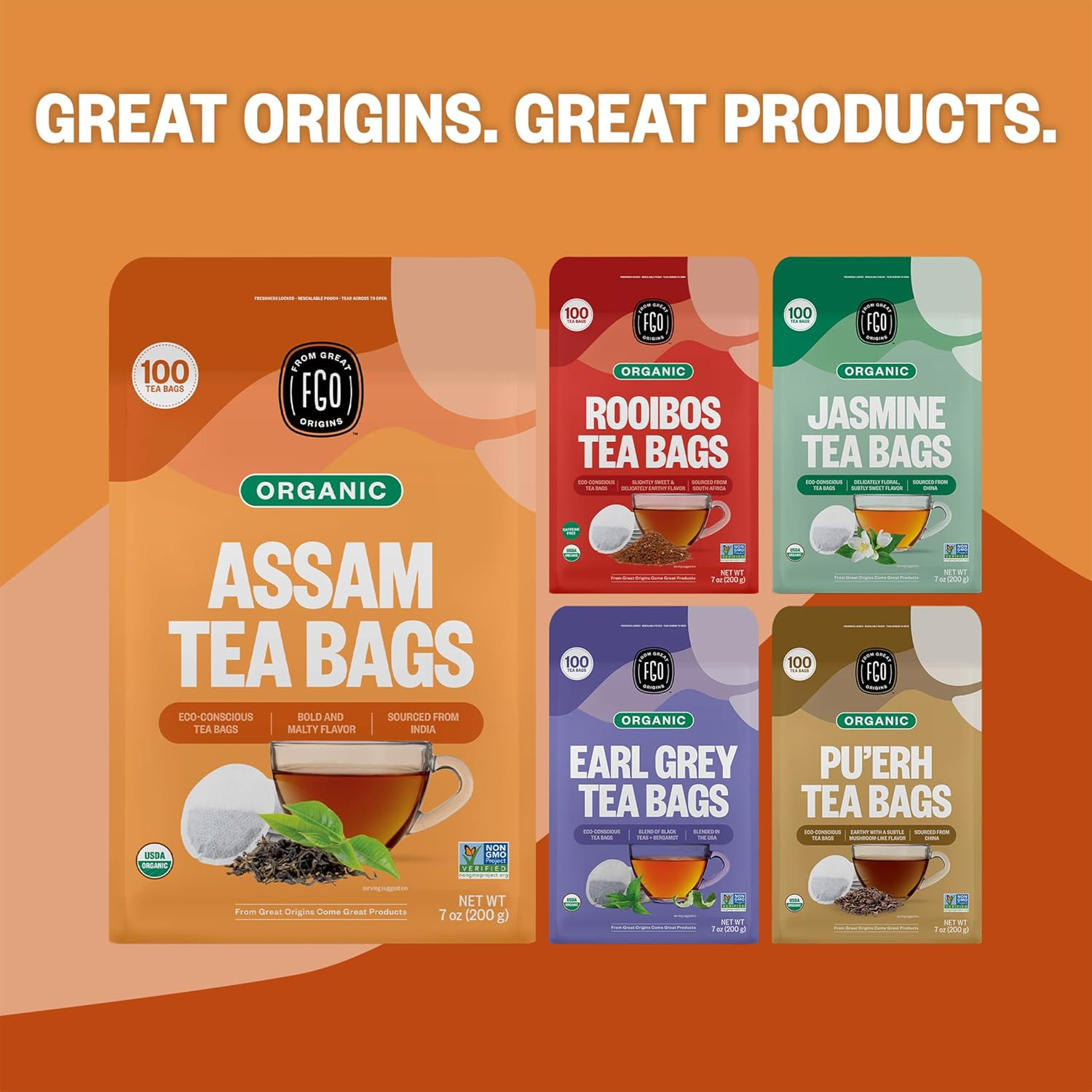 Organic Assam Tea, 100 Count, Eco-Conscious Black Tea Bags, Resealable Bag, Pack