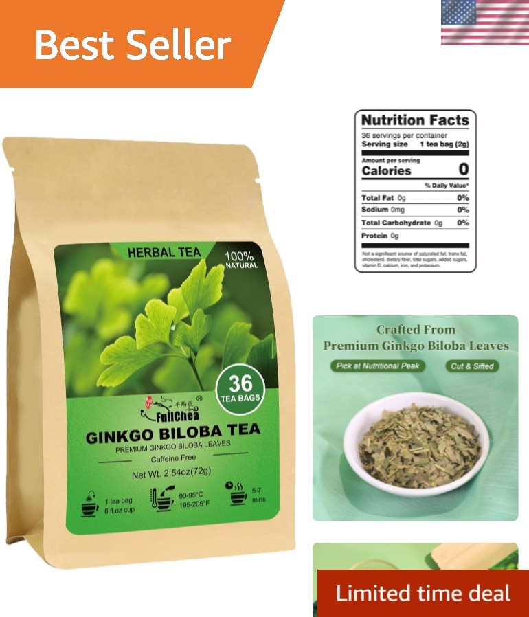 Caffeine-Free Ginkgo Biloba Tea Bags – 36 Count – Boost Memory & Focus