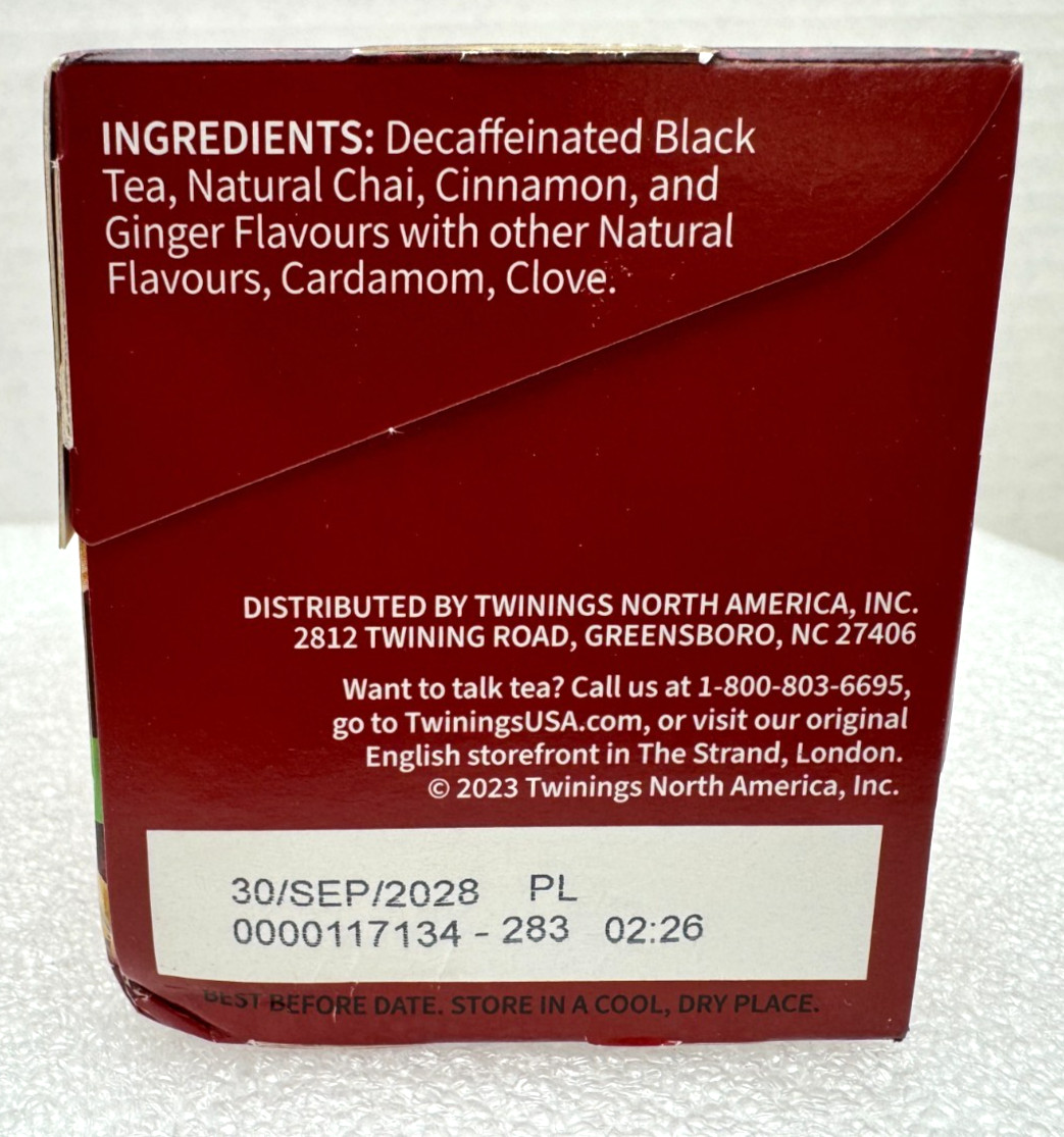 6 bxs (total 120ct) Black Tea Bags Twinings Decaffeinated Chai, BB 2028 READ