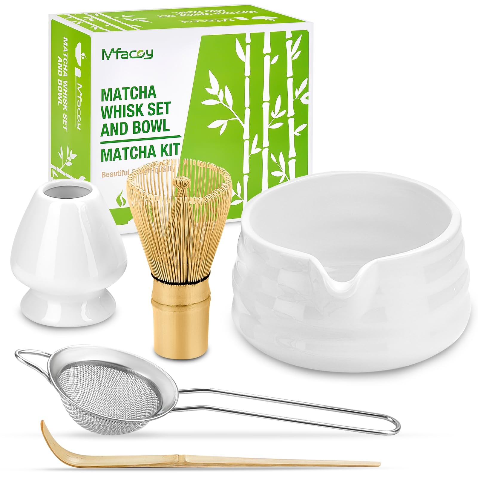 Matcha Whisk Set, Japanese Tea Set (5pcs) includes Matcha Bowl with Spout (19…