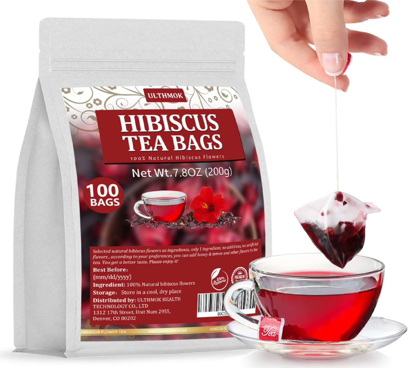 Premium Hibiscus Tea Bags,100 Tea Bags/7.06 Oz,100% Pure Dried Hibiscus Flower,N