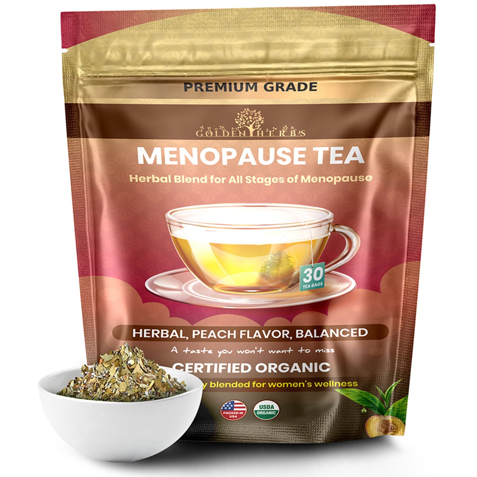 Golden Herbs Menopause Wellness Tea 30 Caffeine-Free Tea Bags Soothing Blend