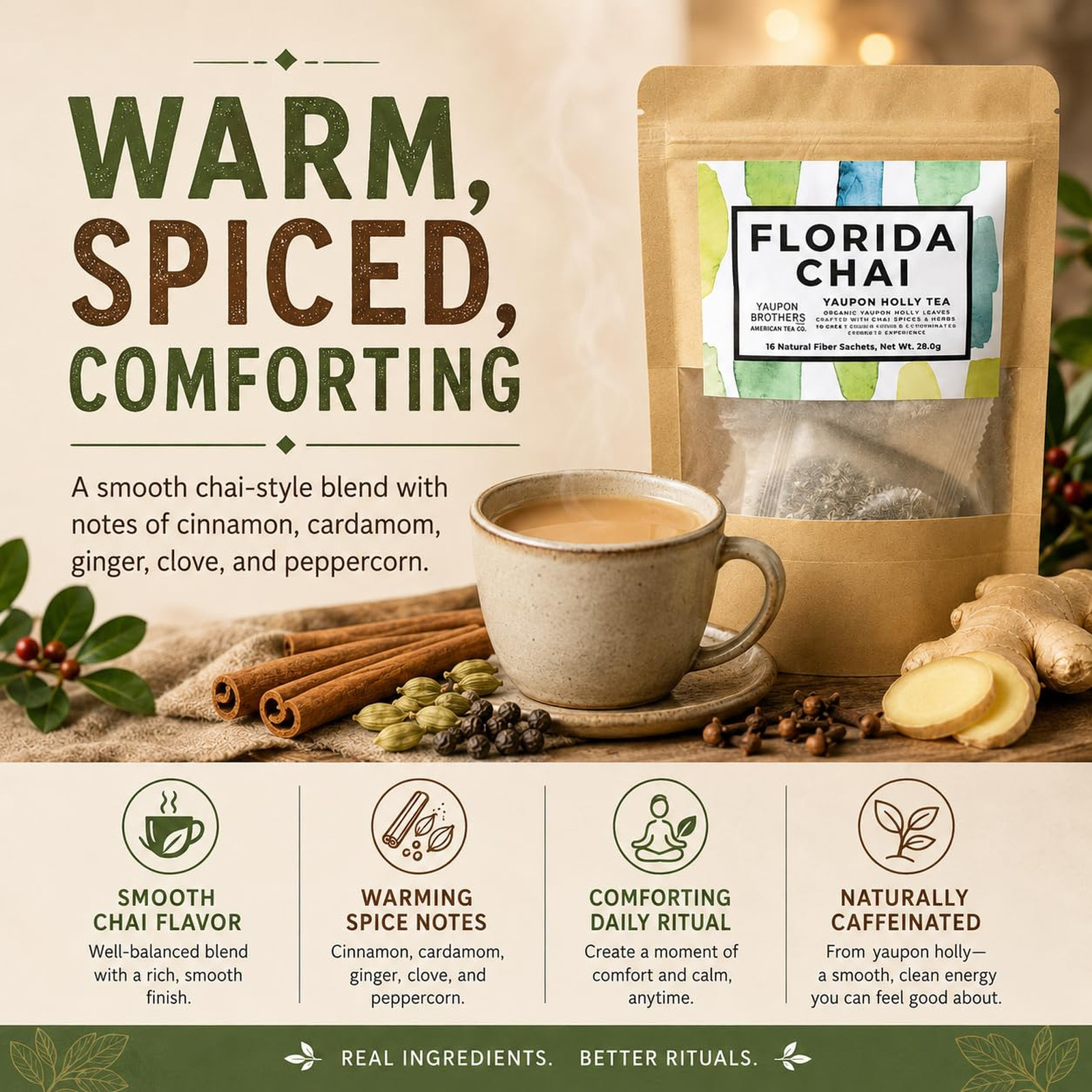 Yaupon Tea Bags, Organic Chai Tea, Eco-Friendly 16 Pack, Antioxidant Rich