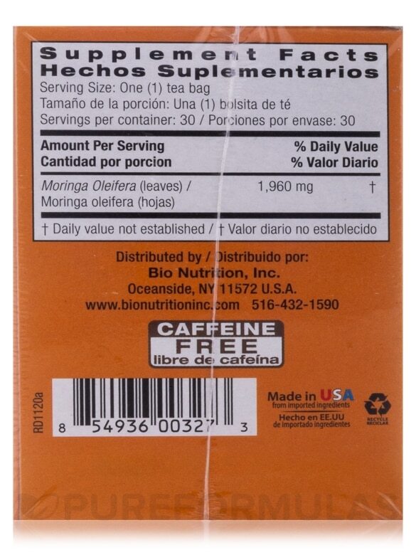 Bio Nutrition Moringa Tea (Moringa Oleifera) Herbal Supplement Caffeine Free