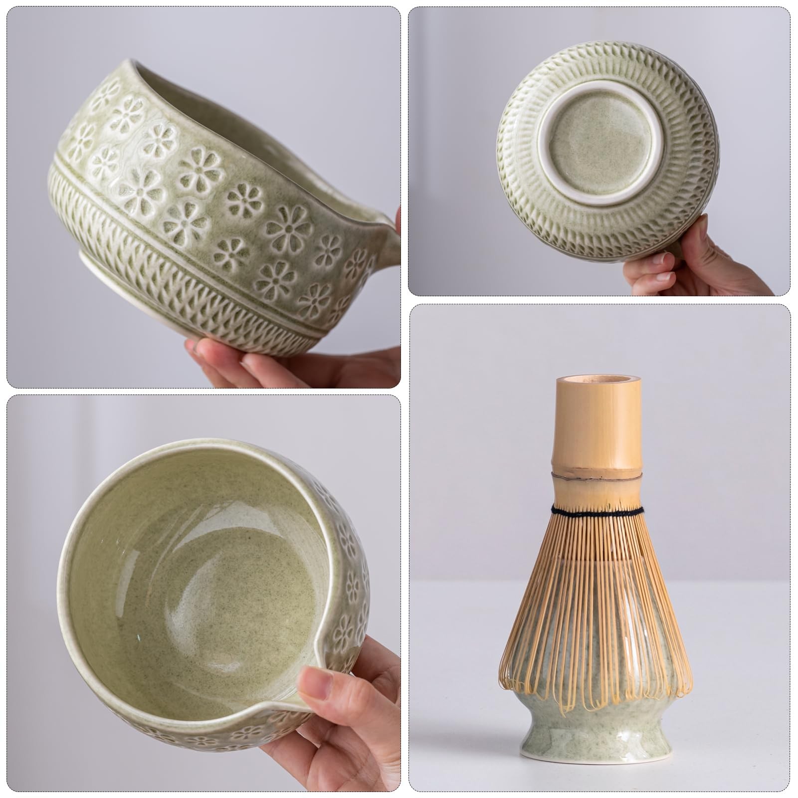 Matcha Whisk Set 7 Pc Ceramic Bowl Kit w Bamboo Whisk Holder Scoop Green