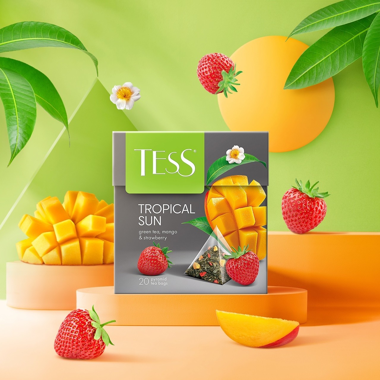 TESS Tropical Sun Green Tea 2×20 Pyramid Bags Mango & Strawberry