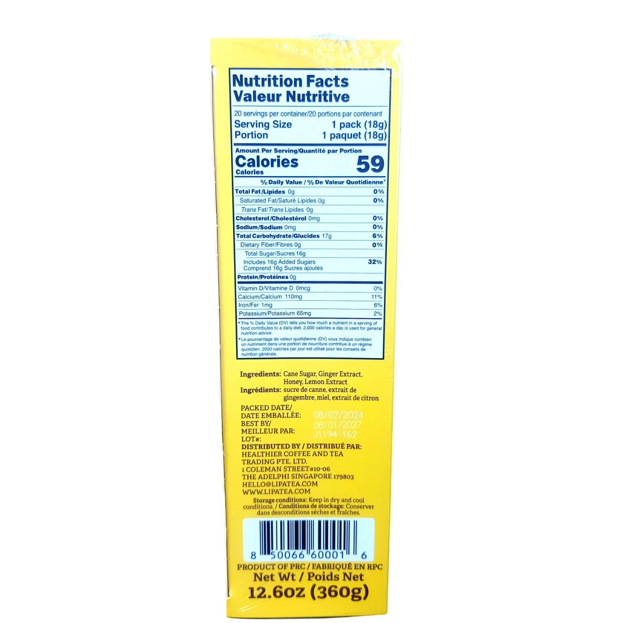 Instant Honey Ginger Drink With Lemon By Lipatea 20x Sachets (18g x 20) Net Wt