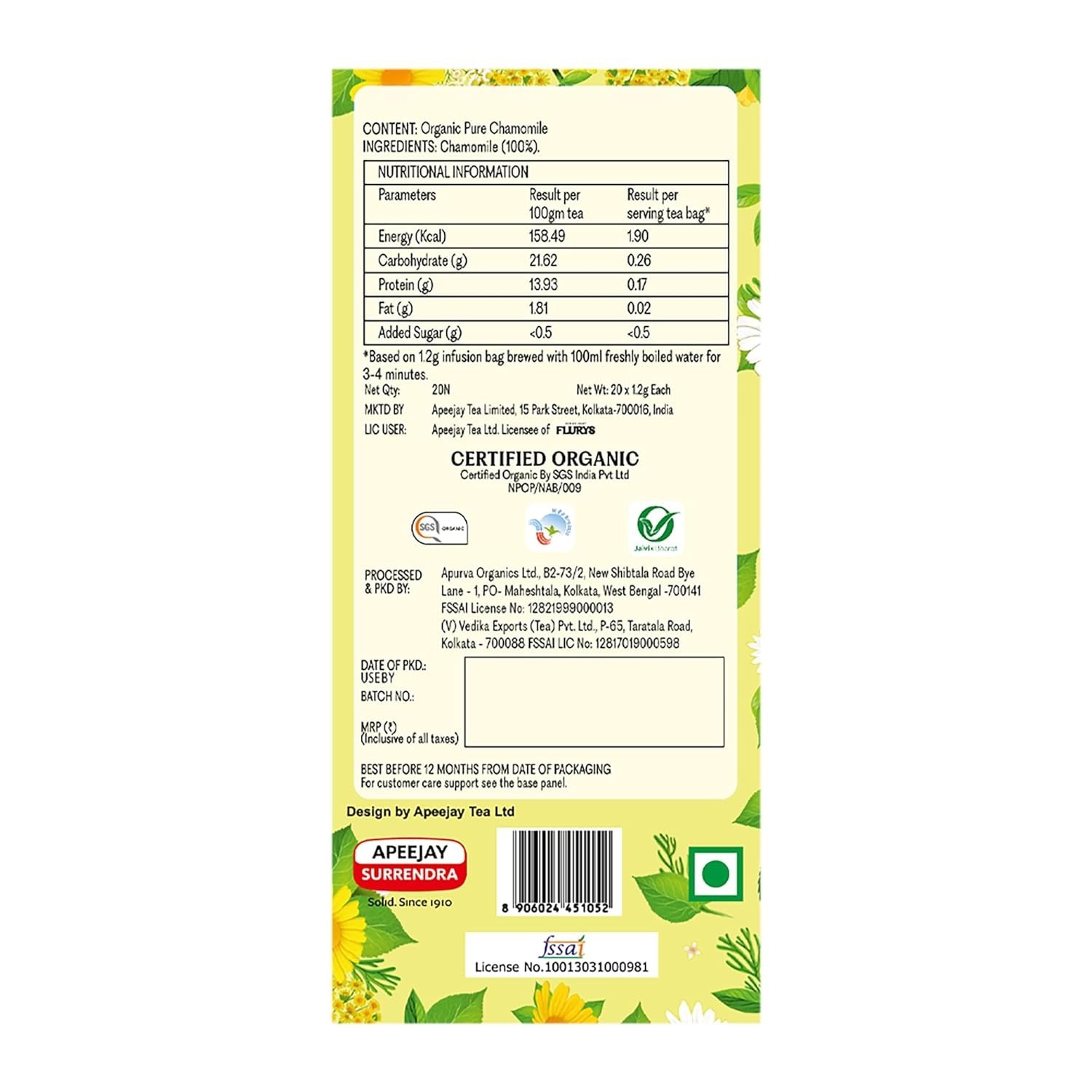 Ty-phoo Flurys Calming Organic Chamomile Caffeine Free 20 Tea Bags, 24 Grams
