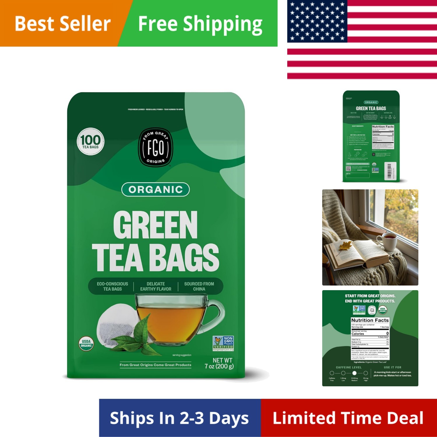 Organic Green Tea, 100 Count Eco-Conscious Tea Bags, Caffeinated, Resealable …