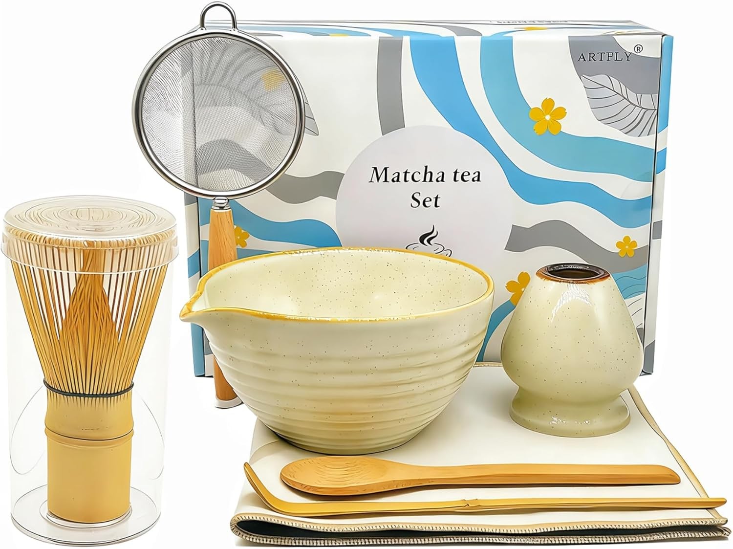 Matcha Whisk Set 7 Pcs, Japanese Making Kit with Ceramic yellow