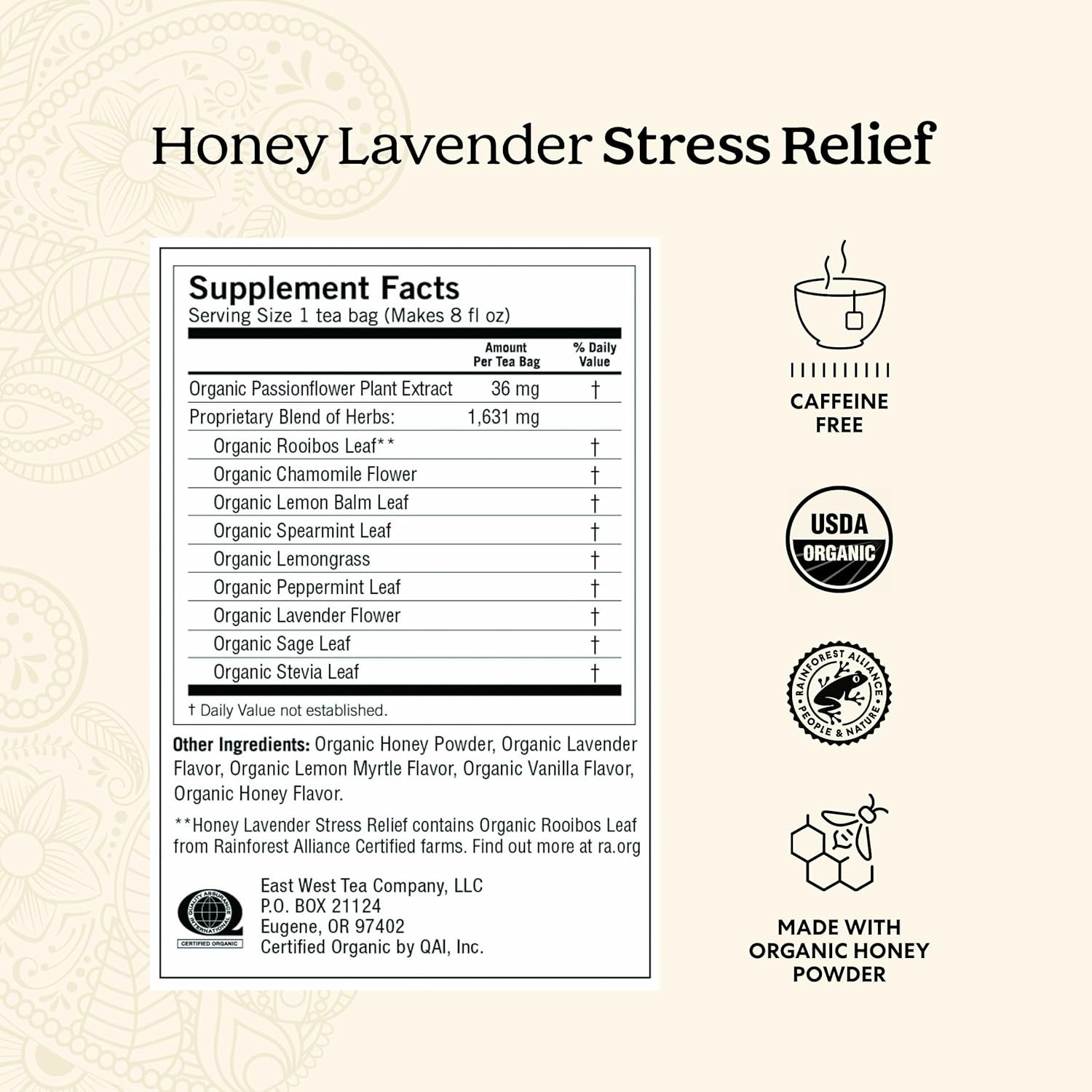 Tea Honey Lavender Stress Relief – 16 Bags per Pack (4 Packs) – Organic Chamomil