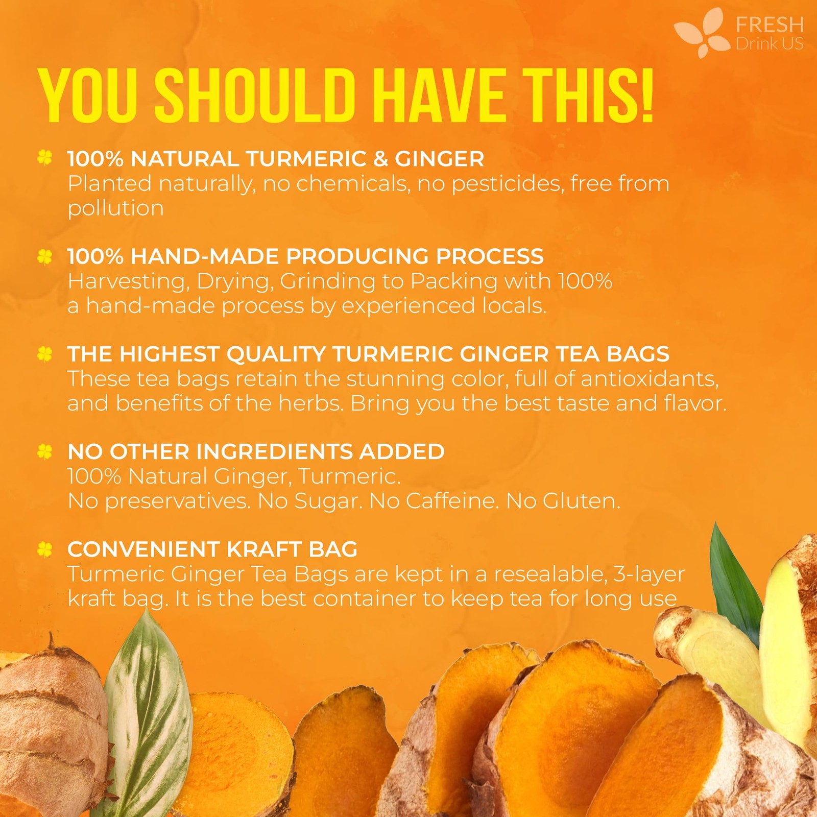 , Premium 135 Ginger Turmeric Tea Bags, 100% Natural Ingredients, Handmade Bl…