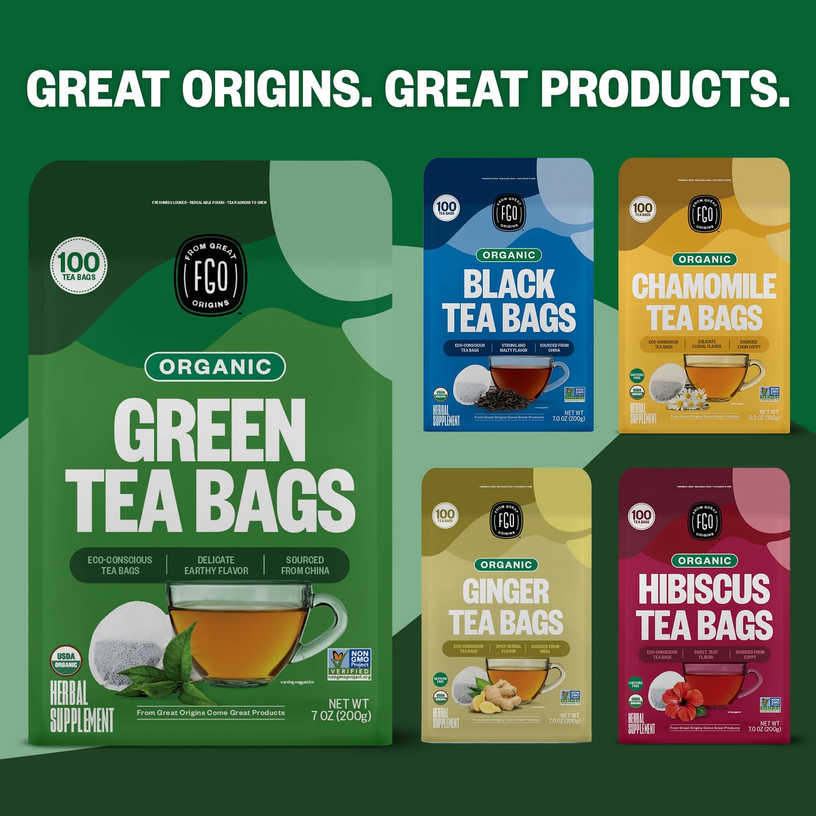 FGO Organic Green Tea, 100 Count Eco-Conscious Tea Bags, Caffeinated, Reseala…