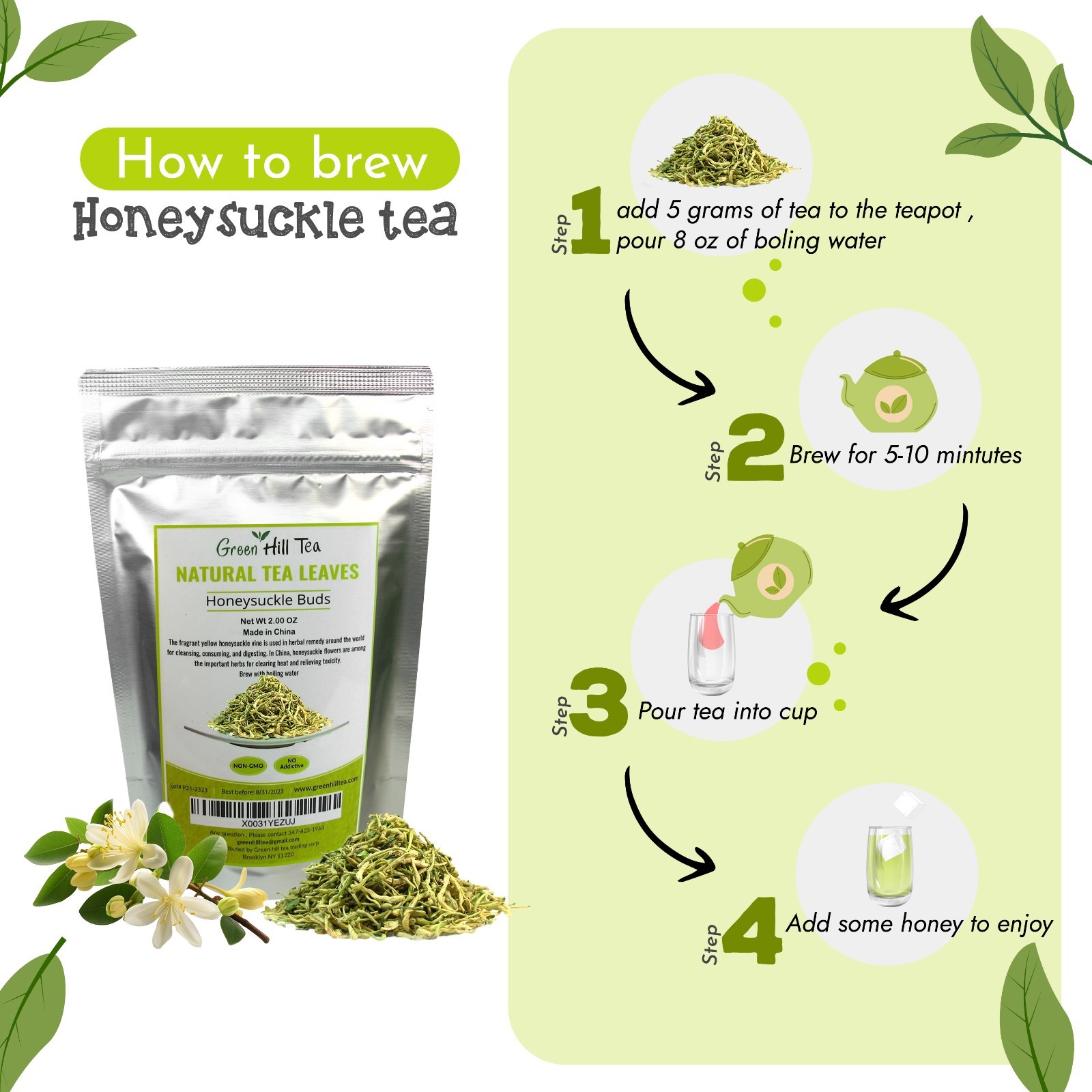Traditional health herbs, Honey suckle dried herbal tea honeysuckle tea 2 oz