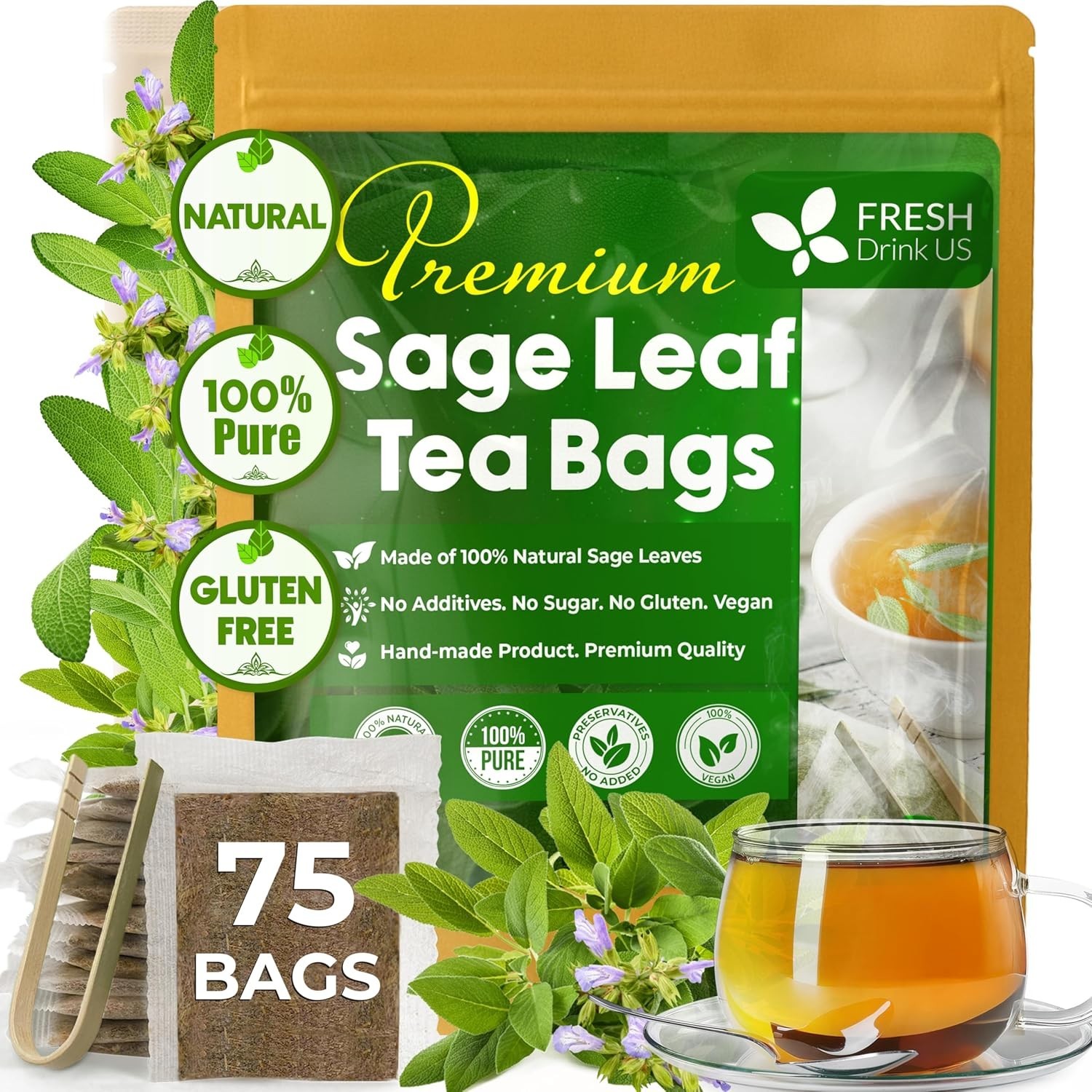 , Premium 75 Sage Leaf Tea Bags, 100% Natural & Pure from Sage Leaves. Loose Lea