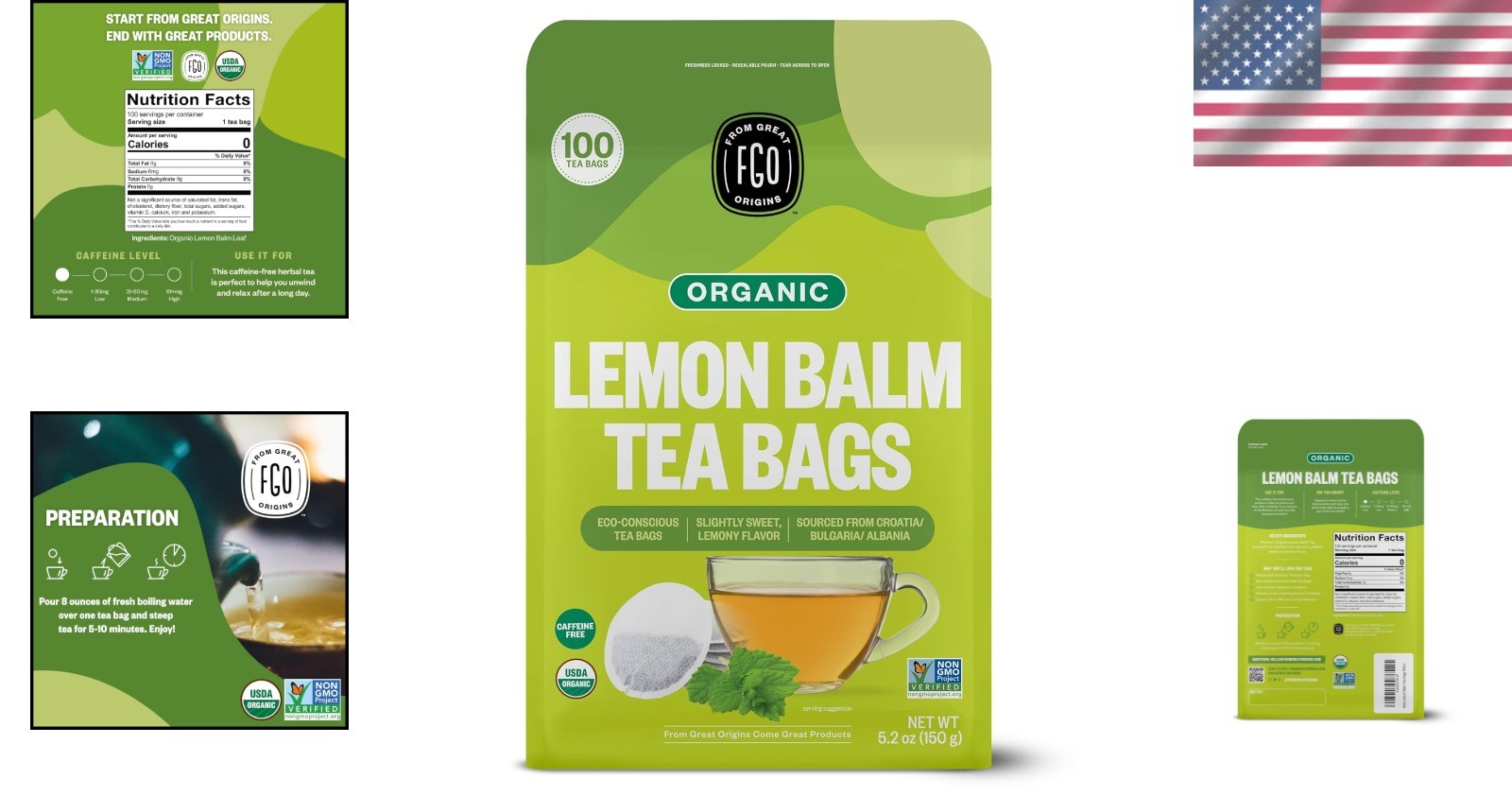 100 Count Caffeine-Free Organic Lemon Balm Tea for Mood Enhancement & Relaxation