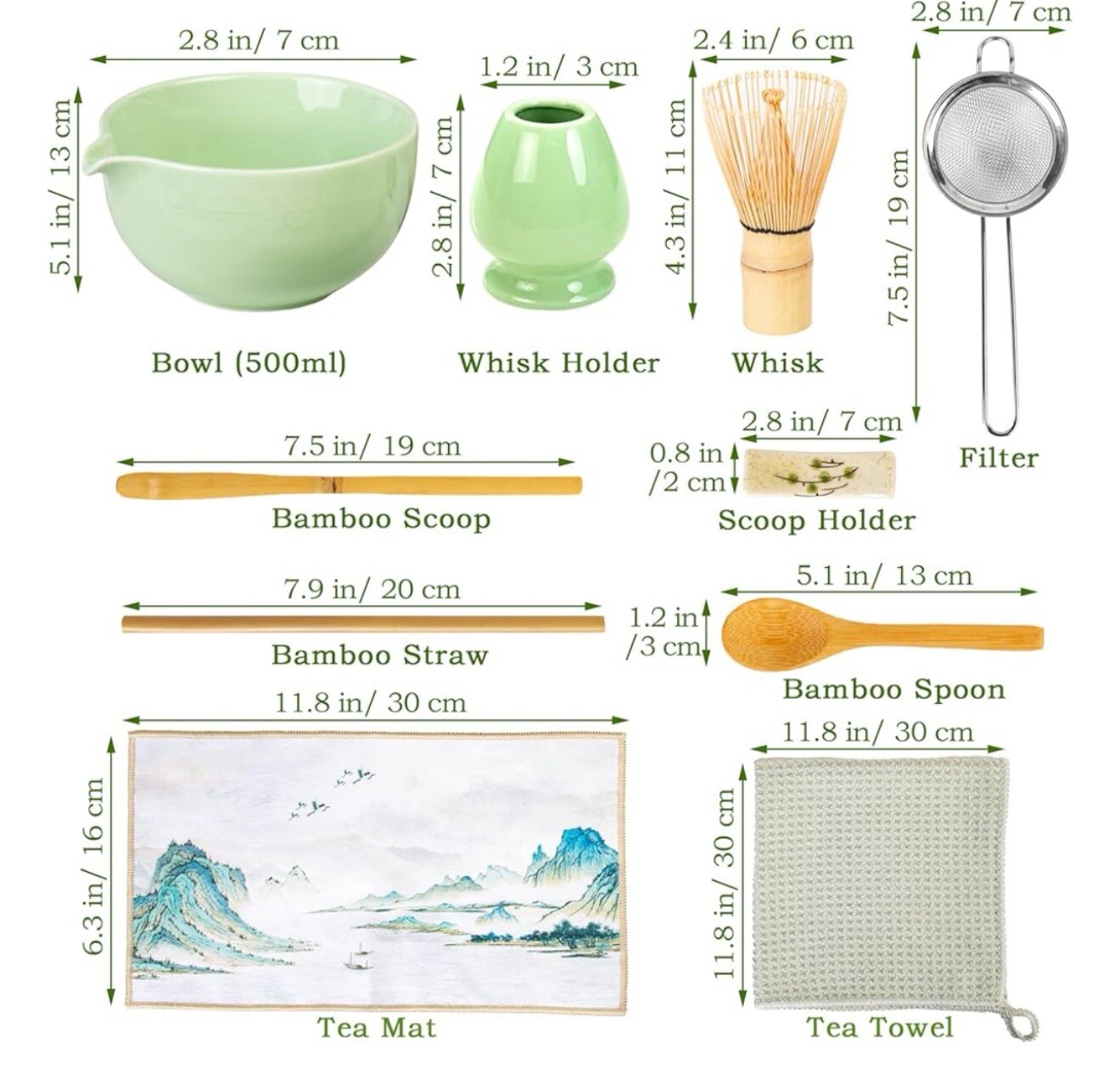 10 Pcs Matcha Whisk Set, 100 Prongs Bamboo Whisk with 17 OZ Spouted Ceramic