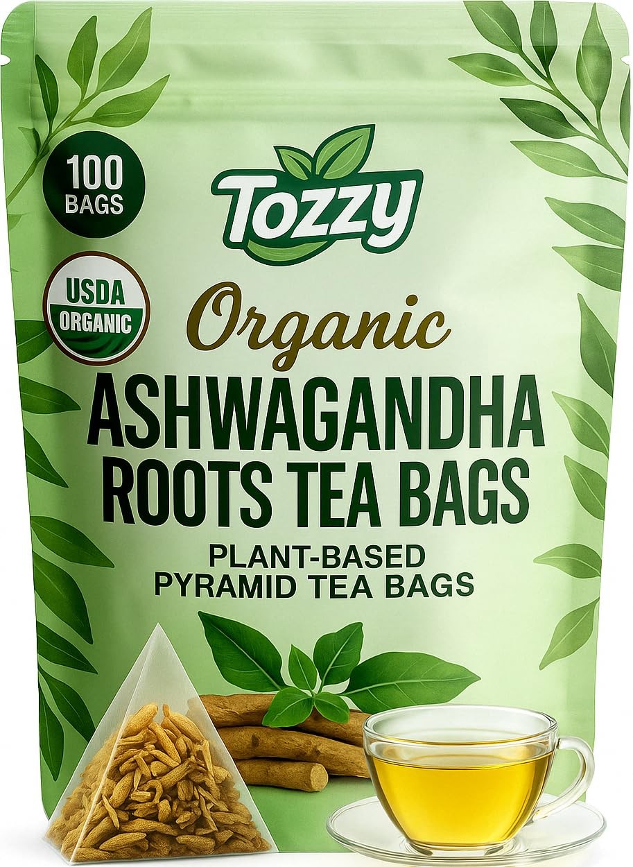 Organic Ashwagandha Tea – 100 Count, Plant-Based Pyramid Tea Bags – Packaging…