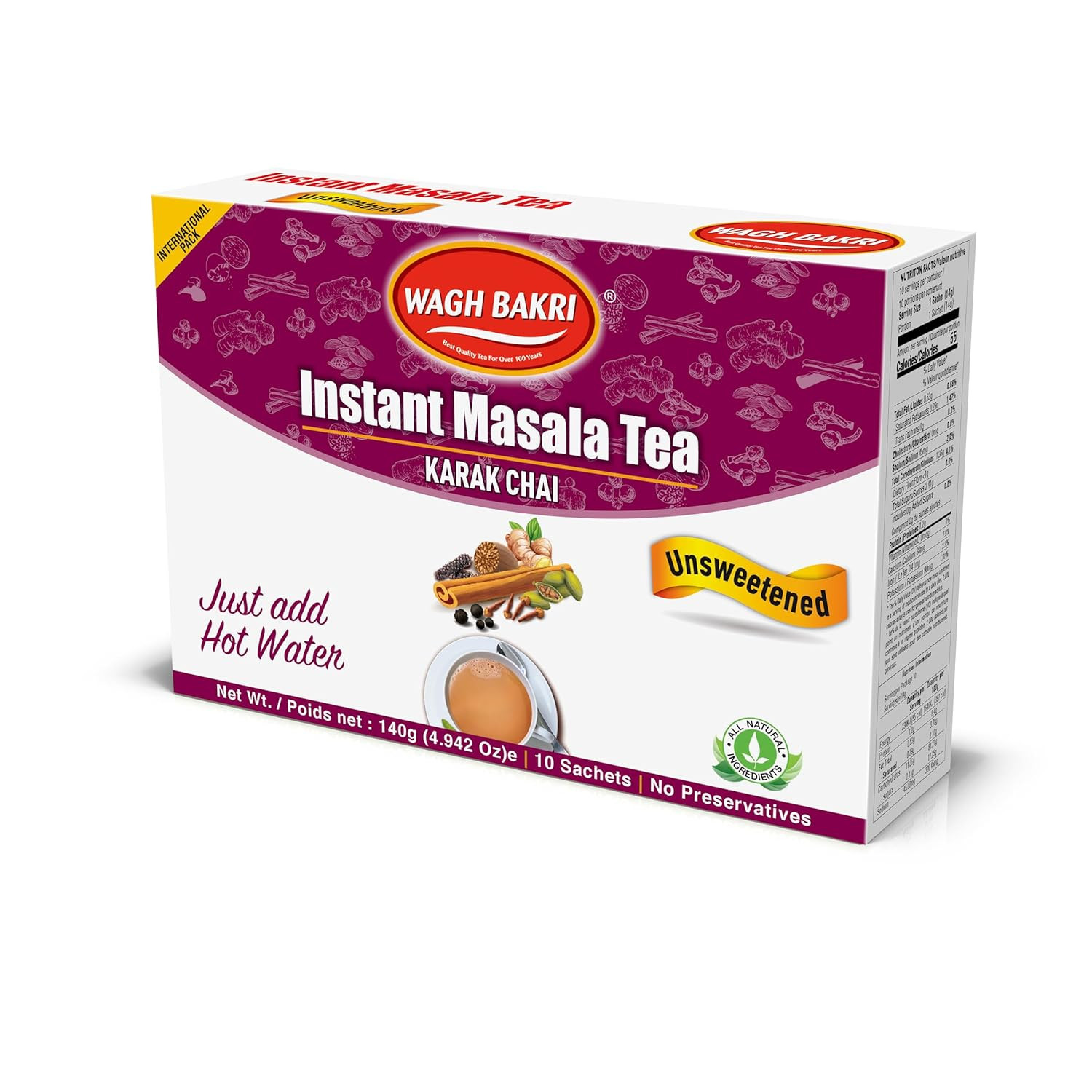 Instant Masala Chai Tea Unsweetened 10 Sachets 140g