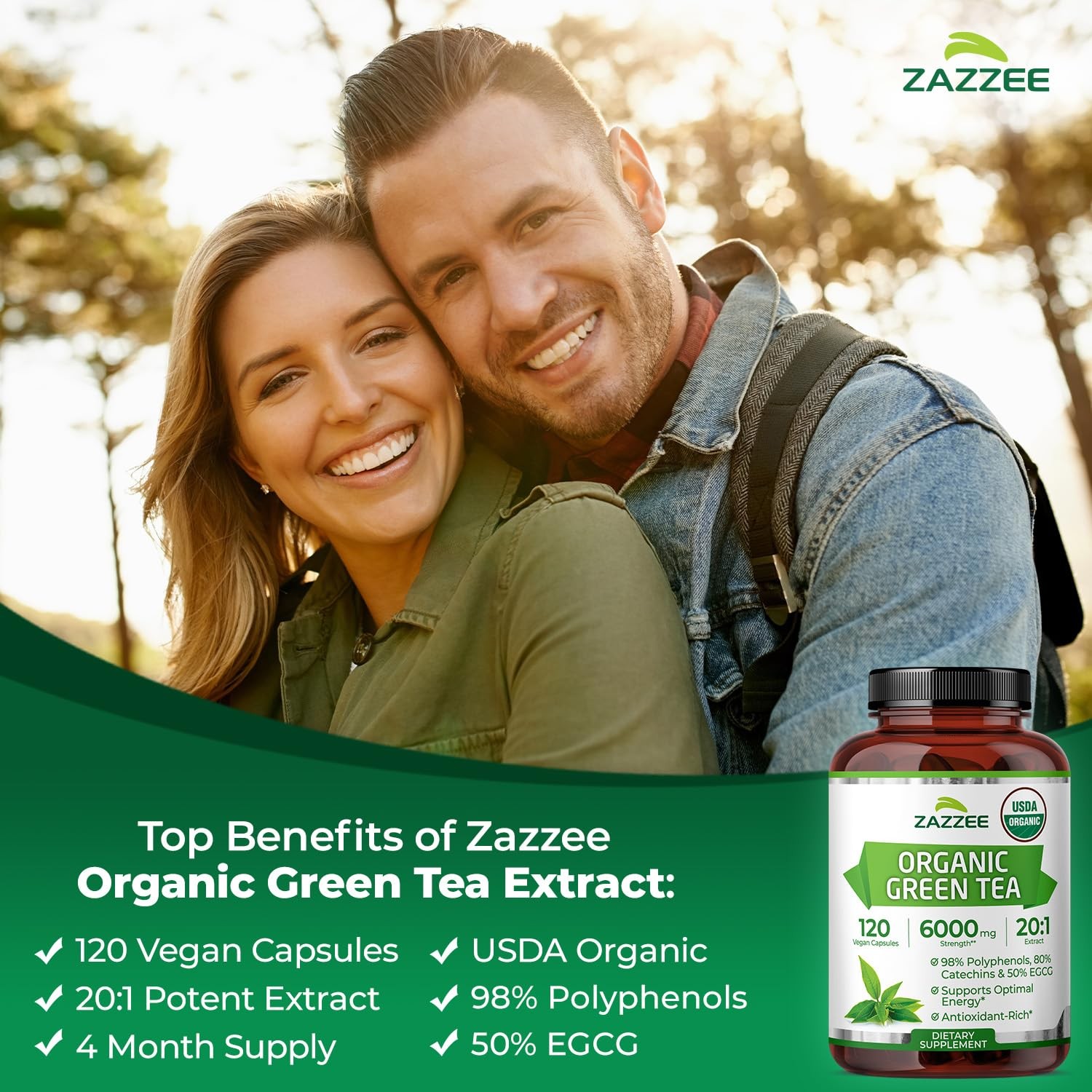 Zazzee USDA Organic Green Tea 20:1 Extract, 50% EGCG, 120 Count (Pack of 1)